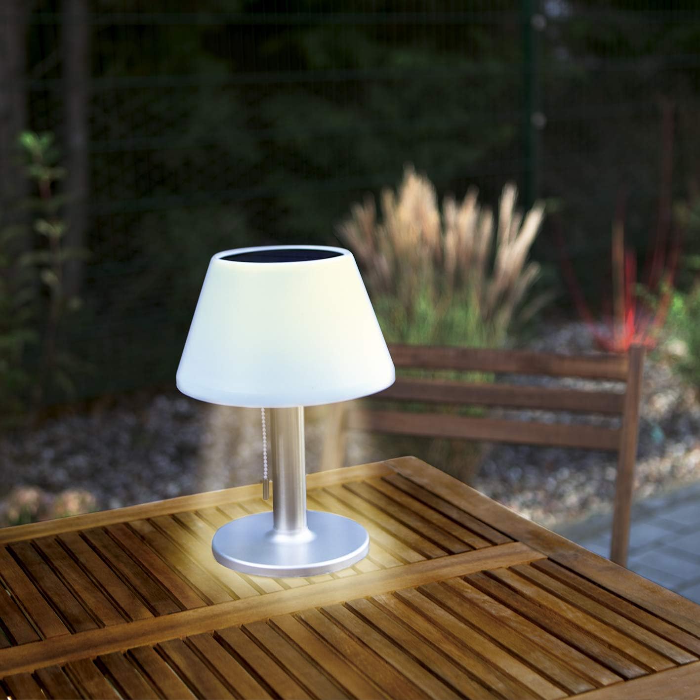 EASYmaxx LED Solar Tischlampe In- & Outdoor Je nach Helligkeitsstufe zwischen 4-8 Stunden Leuchtdauer Warmweißes LED-Licht [Silber] — Ansicht 2
