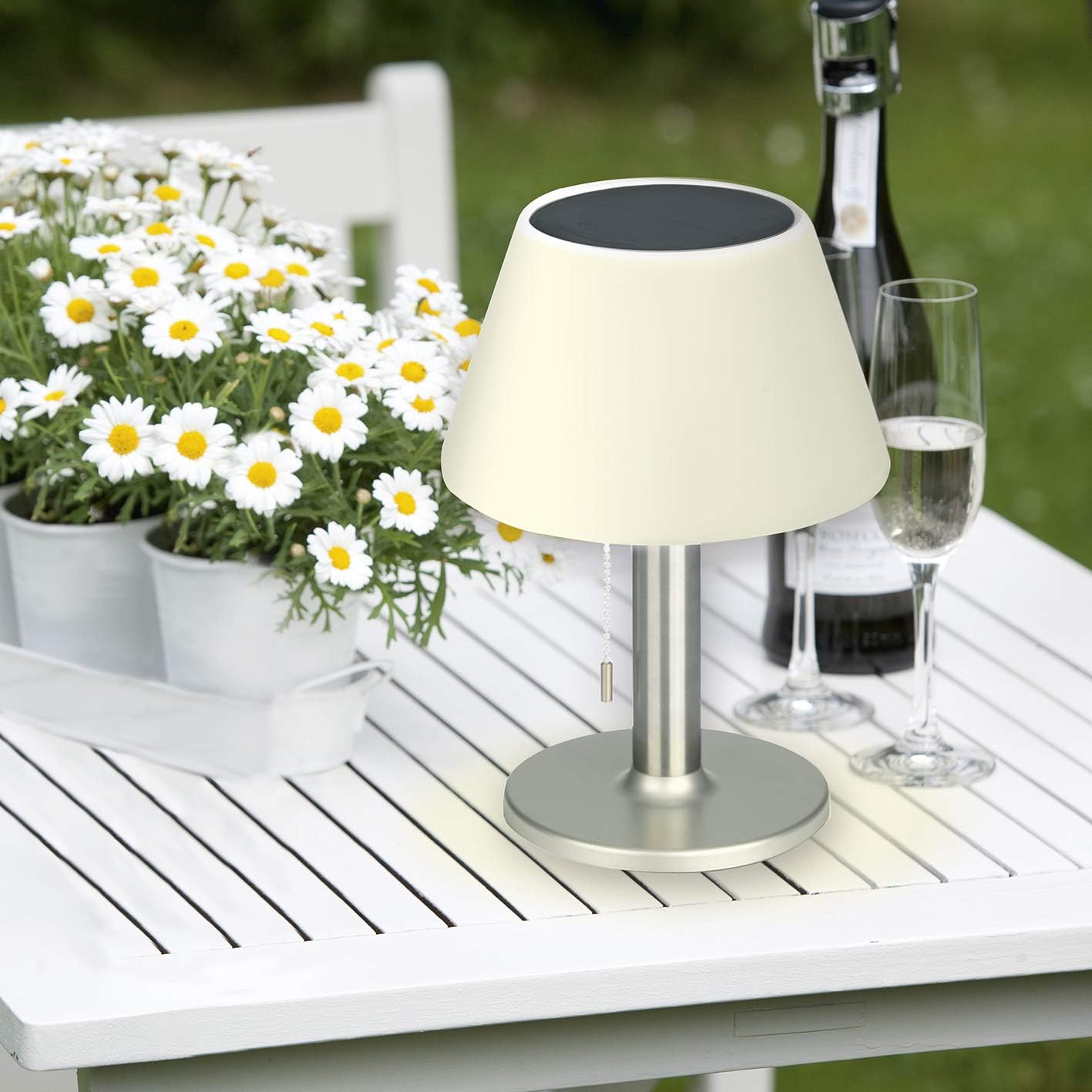 EASYmaxx LED Solar Tischlampe In- & Outdoor Je nach Helligkeitsstufe zwischen 4-8 Stunden Leuchtdauer Warmweißes LED-Licht [Silber] — Ansicht 3