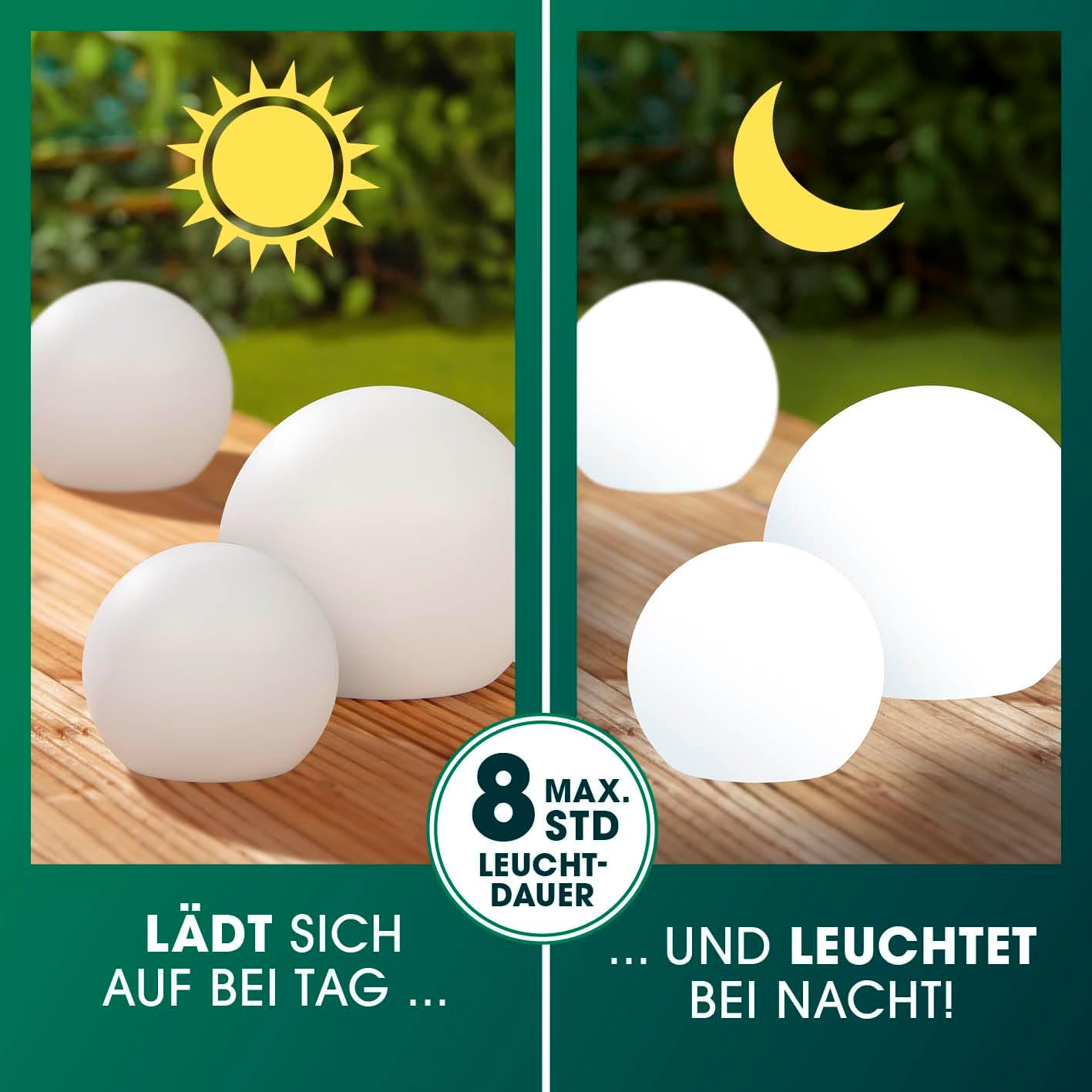 EASYmaxx LED Solarleuchte mit Fernbedienung | 3 kaltweiße Leuchten - Kugeln mit Solarbetrieb & Farbwechsel | dimmbare Helligkeitsstufen, 12 Farben & 5 Leuchtmodi | inklusive Erdspieß & Dämmungssensor — Ansicht 2