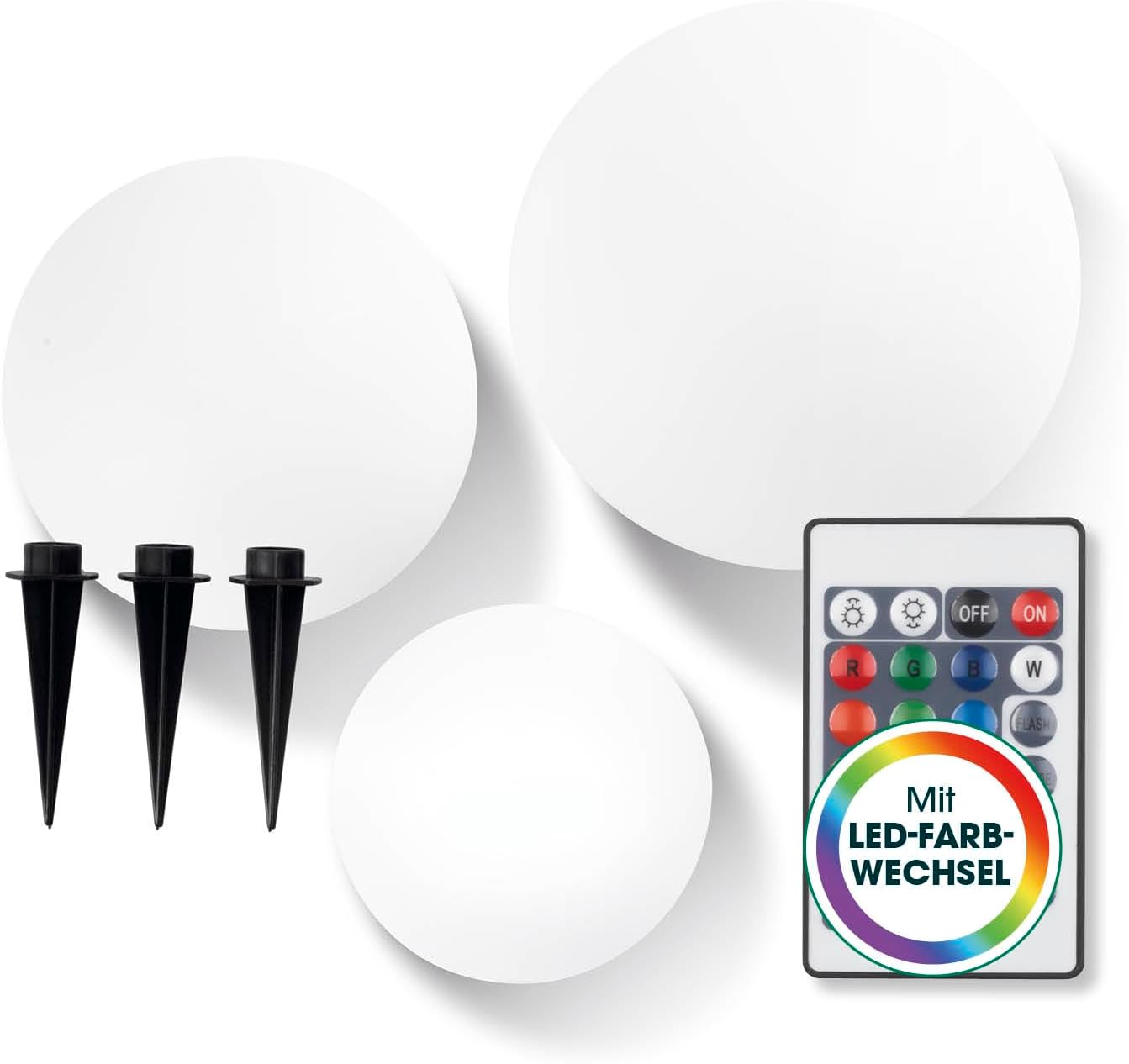 EASYmaxx LED Solarleuchte mit Fernbedienung | 3 kaltweiße Leuchten - Kugeln mit Solarbetrieb & Farbwechsel | dimmbare Helligkeitsstufen, 12 Farben & 5 Leuchtmodi | inklusive Erdspieß & Dämmungssensor