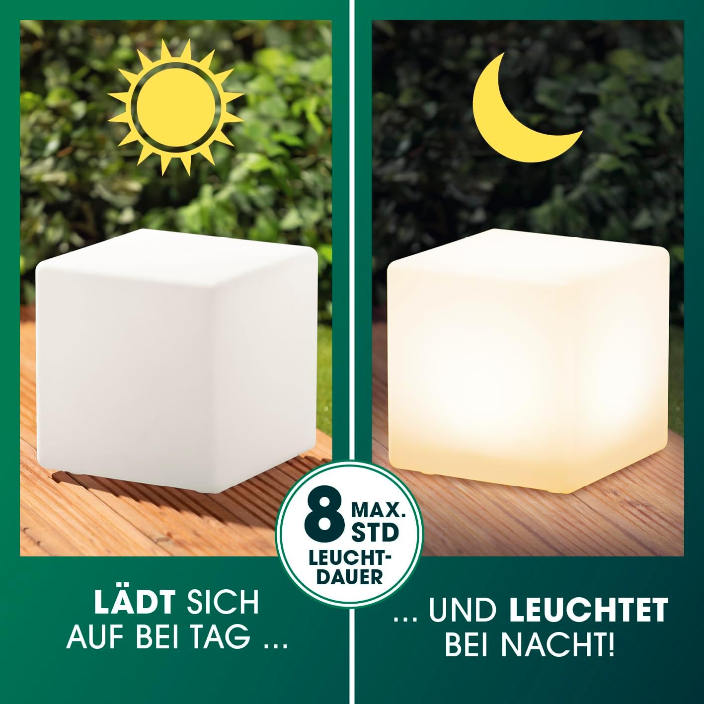EASYmaxx LED Solarleuchte mit Fernbedienung | kaltweiße Leuchten mit Solarbetrieb & Farbwechsel | dimmbare Helligkeitsstufen, 12 Farben, 5 Leuchtmodi | inklusive Erdspieß & Dämmungssensor | Würfelform — Ansicht 2