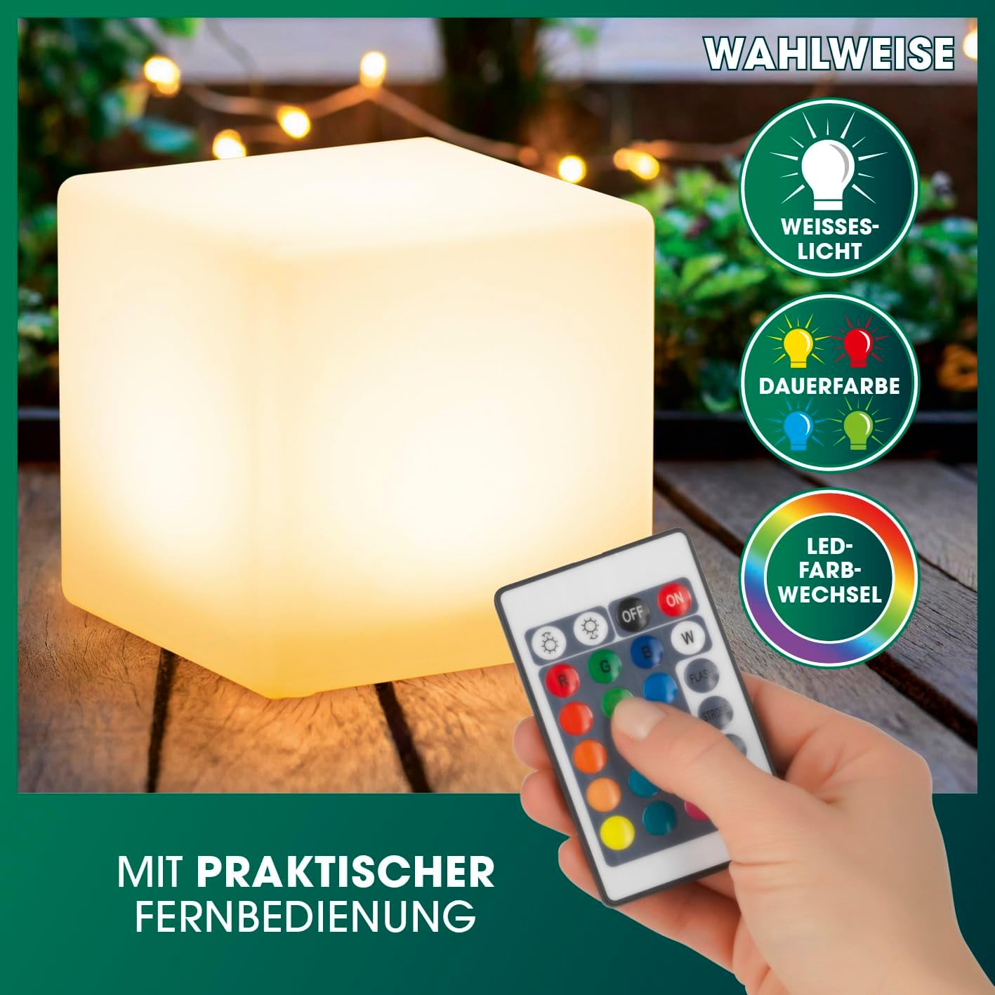 EASYmaxx LED Solarleuchte mit Fernbedienung | kaltweiße Leuchten mit Solarbetrieb & Farbwechsel | dimmbare Helligkeitsstufen, 12 Farben, 5 Leuchtmodi | inklusive Erdspieß & Dämmungssensor | Würfelform — Ansicht 6