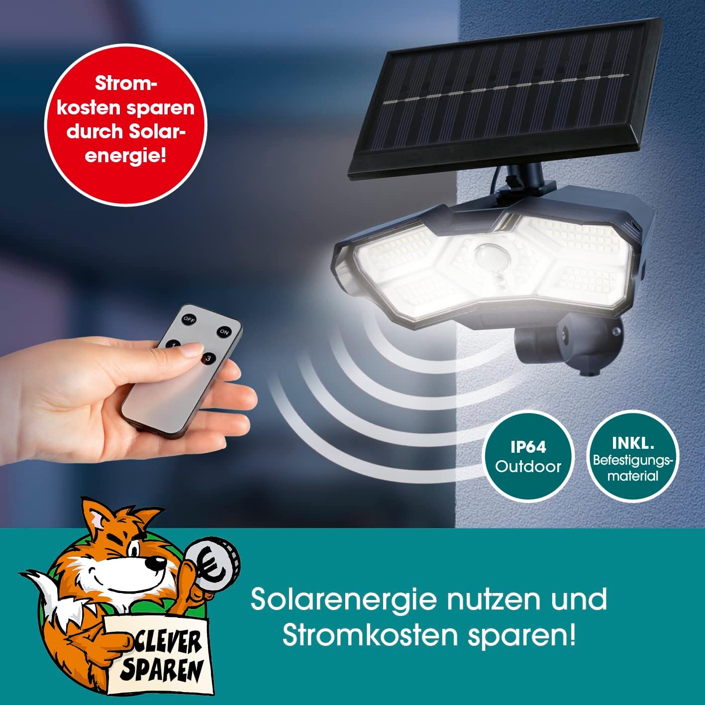 EASYmaxx LED-Solarstrahler für außen mit Bewegungsmelder | Solarleuchte | Flexibel positionierbar | 3 verstellbare Modi | Fernbedienung inklusive [Schwarz] — Ansicht 2