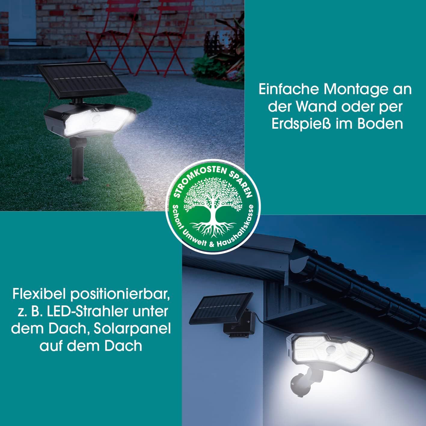 EASYmaxx LED-Solarstrahler für außen mit Bewegungsmelder | Solarleuchte | Flexibel positionierbar | 3 verstellbare Modi | Fernbedienung inklusive [Schwarz] — Ansicht 3