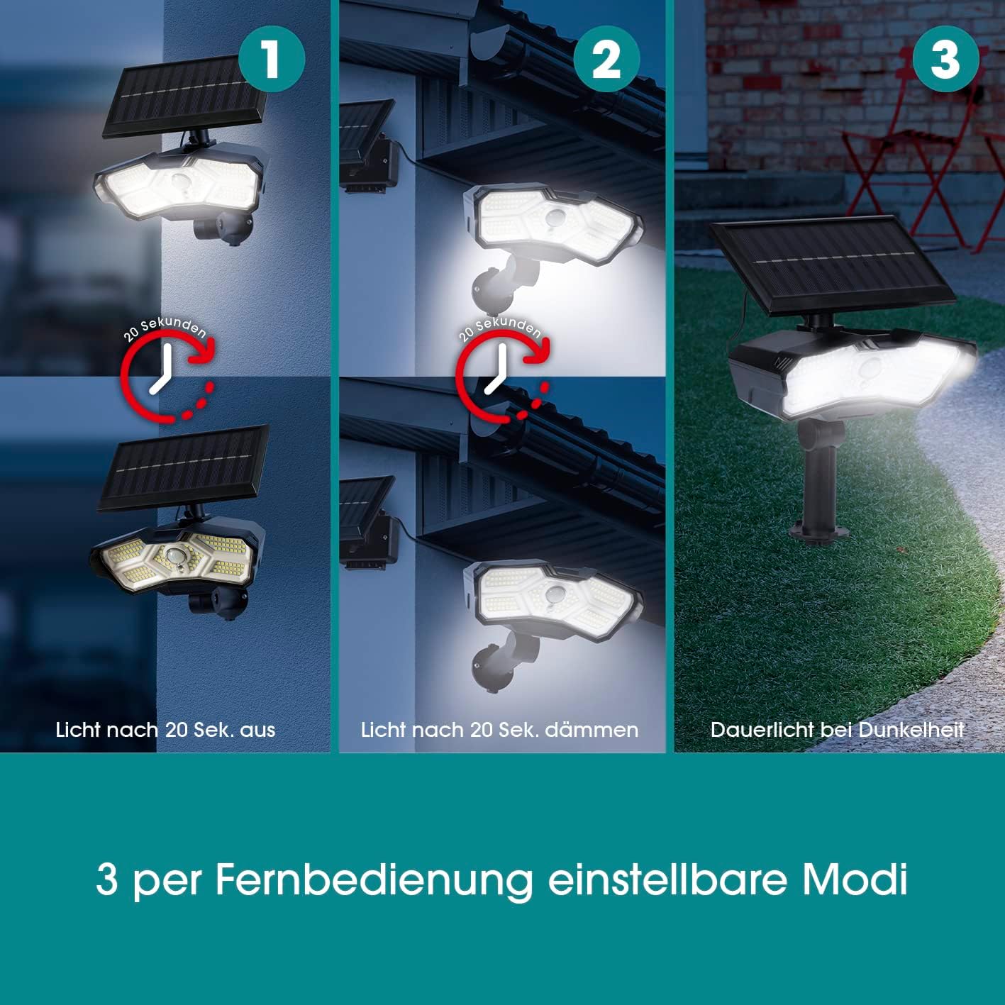 EASYmaxx LED-Solarstrahler für außen mit Bewegungsmelder | Solarleuchte | Flexibel positionierbar | 3 verstellbare Modi | Fernbedienung inklusive [Schwarz] — Ansicht 4