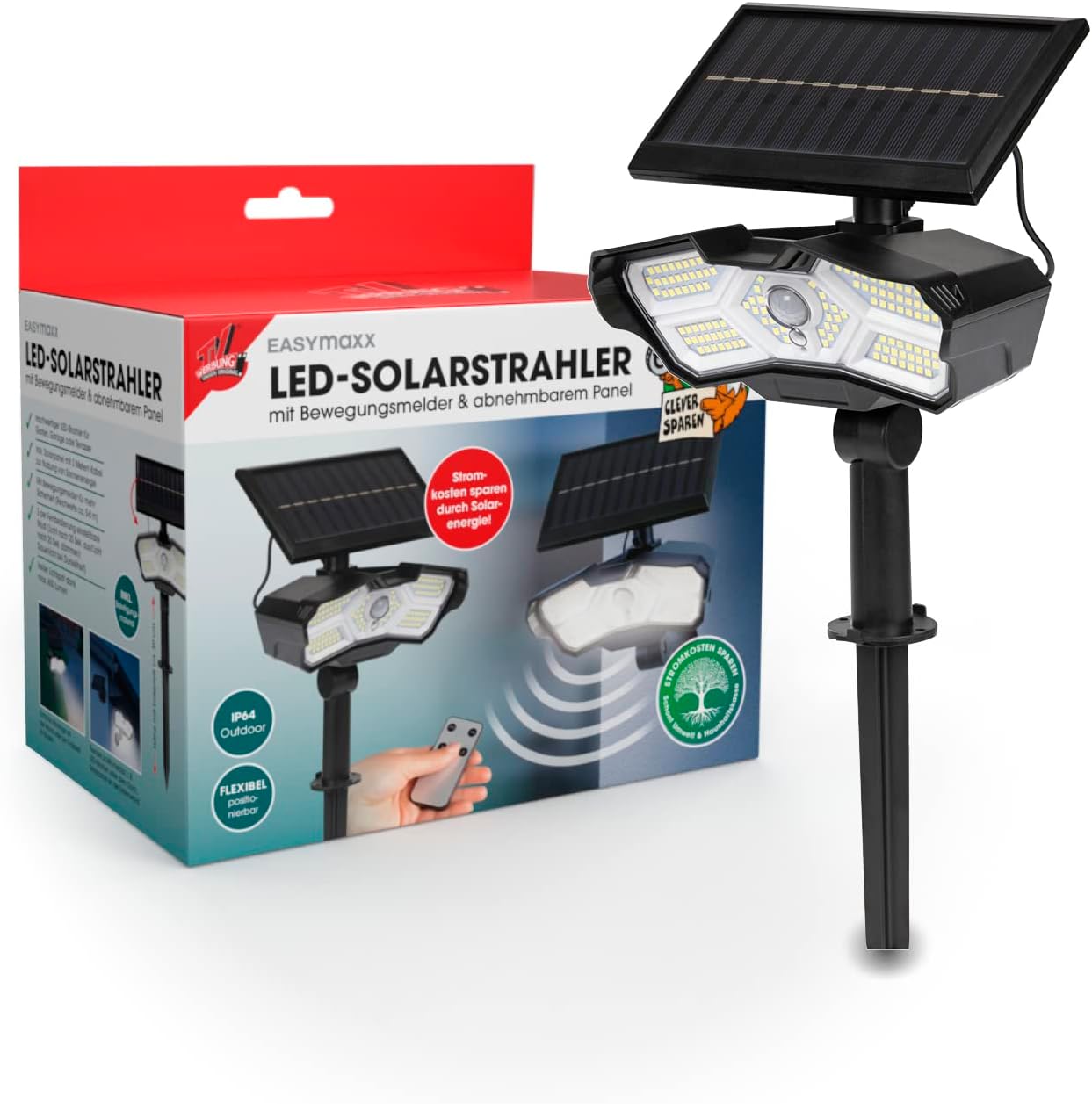 EASYmaxx LED-Solarstrahler für außen mit Bewegungsmelder | Solarleuchte | Flexibel positionierbar | 3 verstellbare Modi | Fernbedienung inklusive [Schwarz] — Ansicht 6