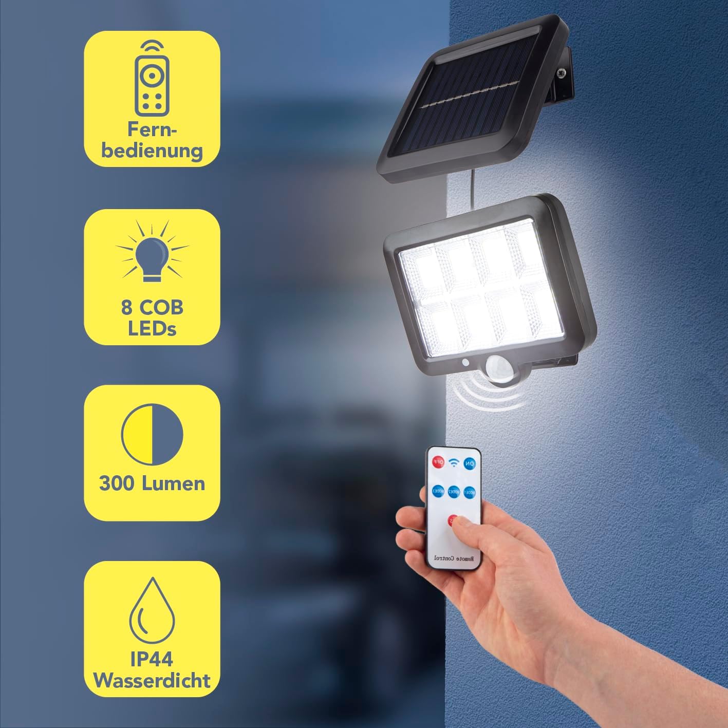 EASYmaxx LED-Solarstrahler mit Bewegungsmelder | Mit Dämmerungssensor und separatem Solarpanel zum Anbringen an der Hauswand, am Carport etc. | Inkl. Fernbedienung — Ansicht 2