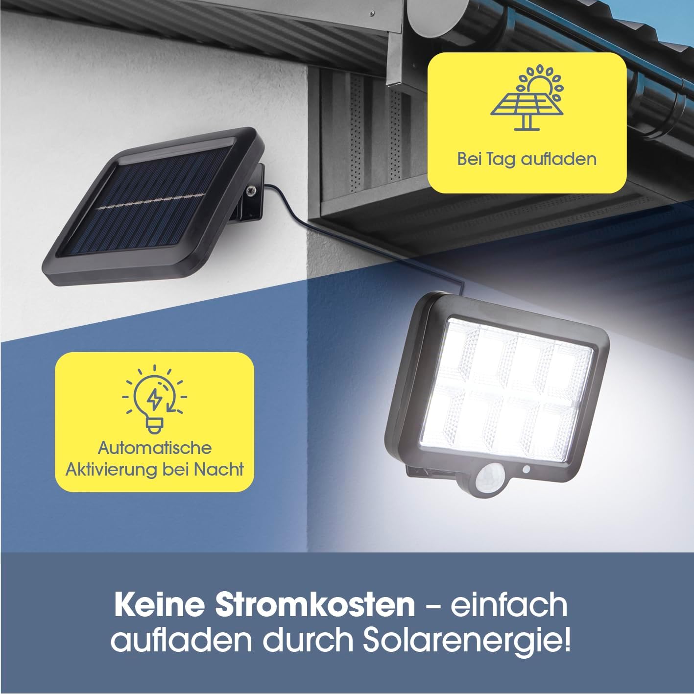 EASYmaxx LED-Solarstrahler mit Bewegungsmelder | Mit Dämmerungssensor und separatem Solarpanel zum Anbringen an der Hauswand, am Carport etc. | Inkl. Fernbedienung — Ansicht 3