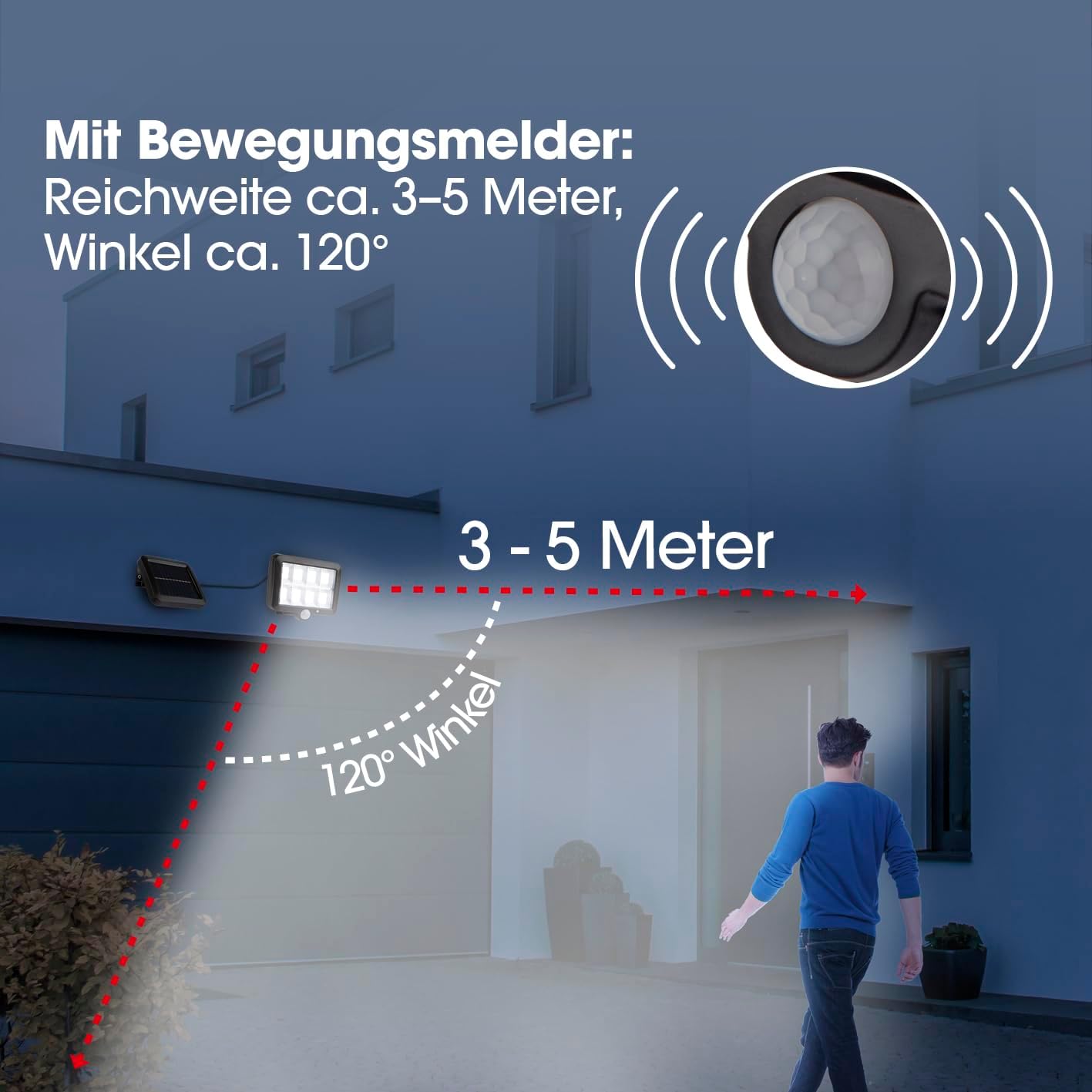 EASYmaxx LED-Solarstrahler mit Bewegungsmelder | Mit Dämmerungssensor und separatem Solarpanel zum Anbringen an der Hauswand, am Carport etc. | Inkl. Fernbedienung — Ansicht 5