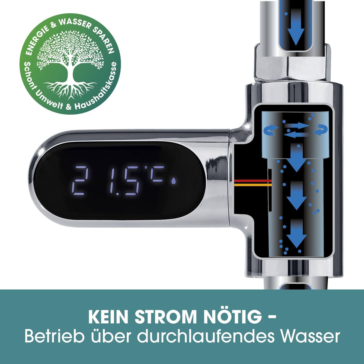 EASYmaxx LED-Thermometer für alle Armaturen | Wasserbetriebene Temperaturanzeige mit digitaler Gradanzeige & Stoppuhr | Kontrollierte Senkung des Warmwasserverbrauchs | Leichte Montage - ohne Werkzeug | EASYmaxx, wasserbetrieben, Digitaldisplay, Stoppuhr, Werkzeuglose Montage, Warmwasser sparen, Bad, Küche, Energieeffizienz — Ansicht 3