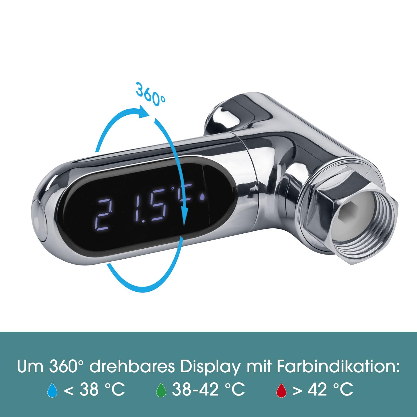 EASYmaxx LED-Thermometer für alle Armaturen | Wasserbetriebene Temperaturanzeige mit digitaler Gradanzeige & Stoppuhr | Kontrollierte Senkung des Warmwasserverbrauchs | Leichte Montage - ohne Werkzeug | EASYmaxx, wasserbetrieben, Digitaldisplay, Stoppuhr, Werkzeuglose Montage, Warmwasser sparen, Bad, Küche, Energieeffizienz — Ansicht 4