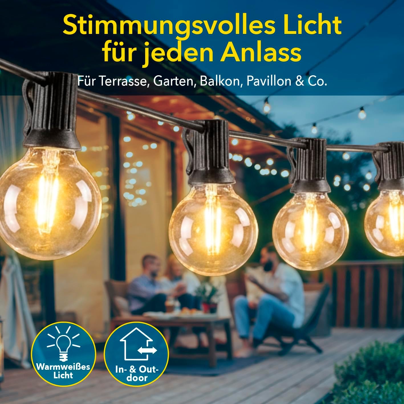 EASYmaxx Outdoor Lichterkette LED Glühlampen | 15-m-Lichterkette + 20 robuste LED-Glühlampen | 3 Leuchtmodi - Dauerleuchten, sanftes Pulsieren und Blinklicht | wetterfest und langlebig | Timerfunktion — Ansicht 2