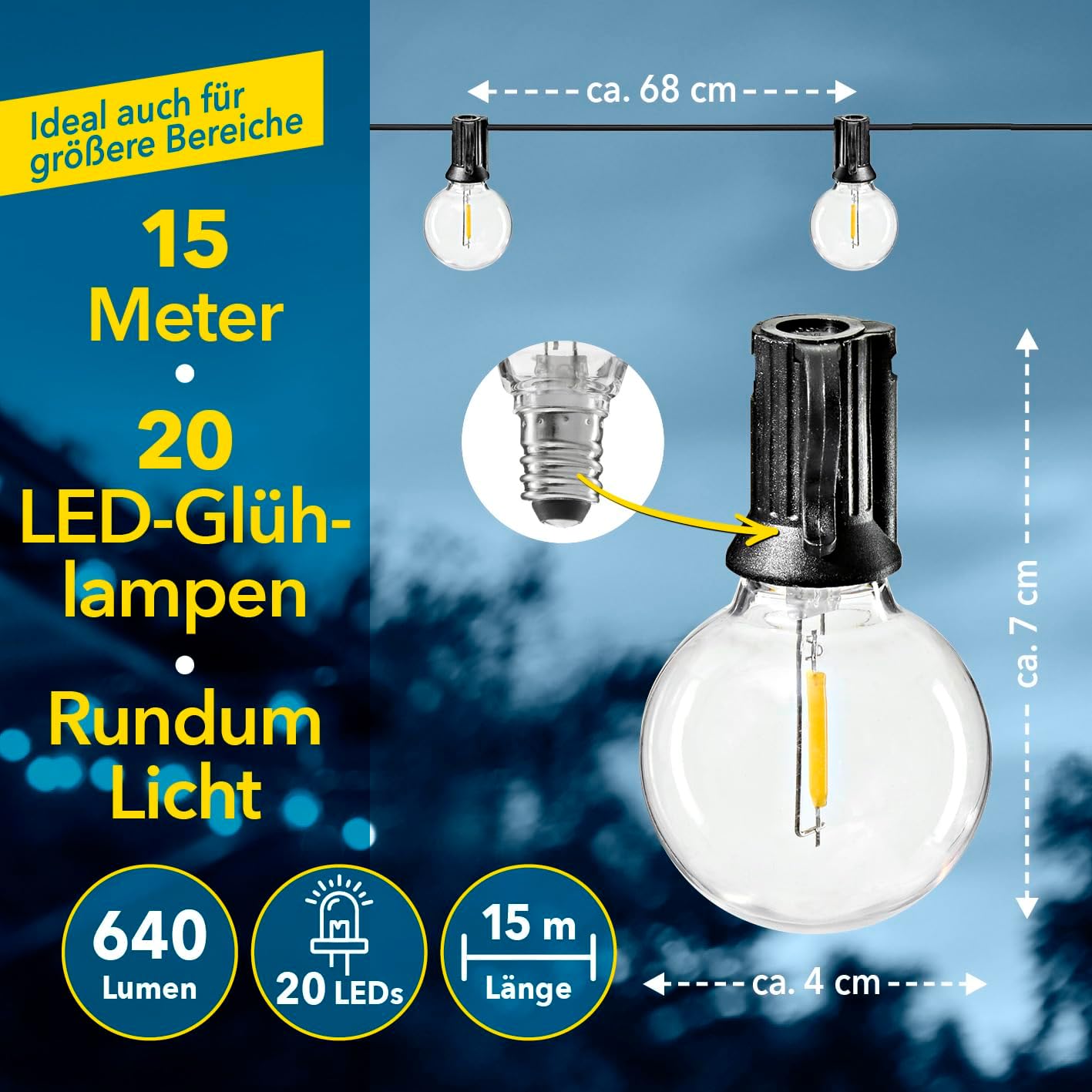 EASYmaxx Outdoor Lichterkette LED Glühlampen | 15-m-Lichterkette + 20 robuste LED-Glühlampen | 3 Leuchtmodi - Dauerleuchten, sanftes Pulsieren und Blinklicht | wetterfest und langlebig | Timerfunktion — Ansicht 3
