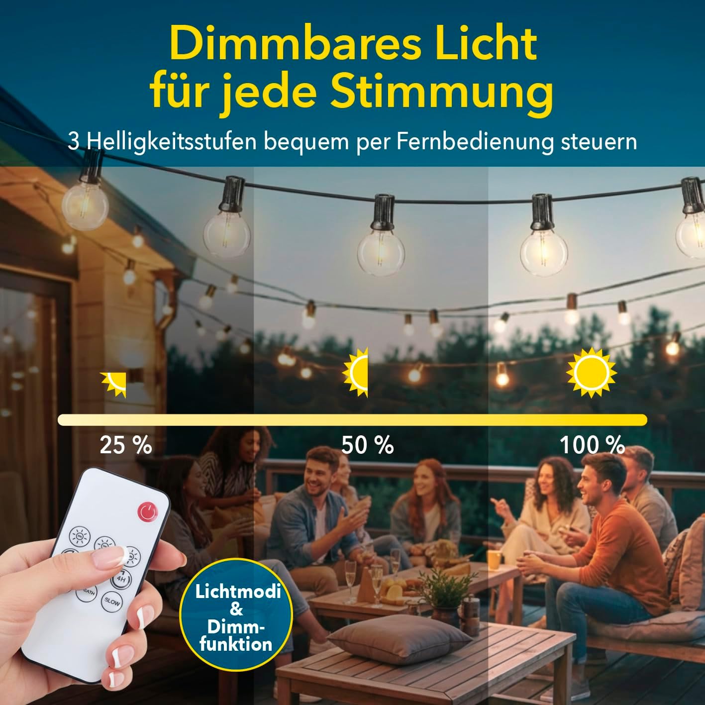 EASYmaxx Outdoor Lichterkette LED Glühlampen | 15-m-Lichterkette + 20 robuste LED-Glühlampen | 3 Leuchtmodi - Dauerleuchten, sanftes Pulsieren und Blinklicht | wetterfest und langlebig | Timerfunktion — Ansicht 4