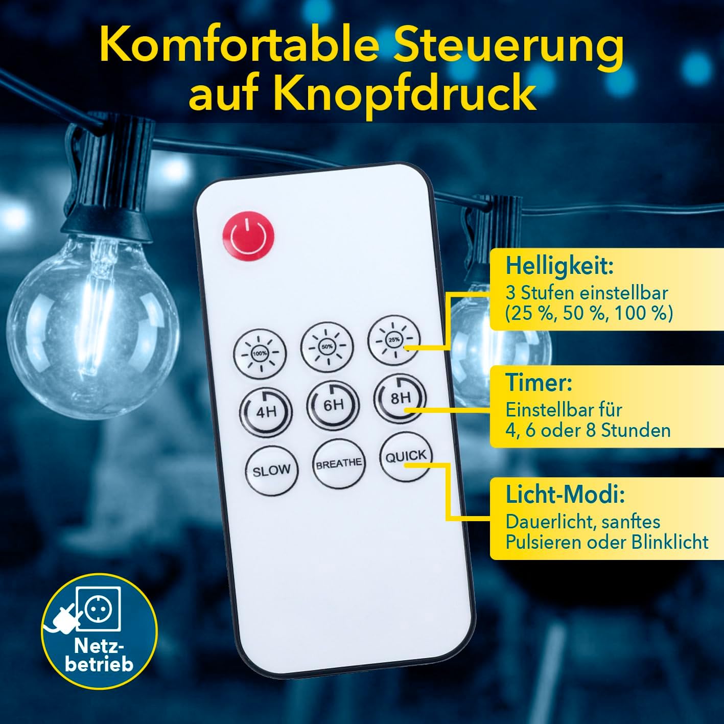 EASYmaxx Outdoor Lichterkette LED Glühlampen | 15-m-Lichterkette + 20 robuste LED-Glühlampen | 3 Leuchtmodi - Dauerleuchten, sanftes Pulsieren und Blinklicht | wetterfest und langlebig | Timerfunktion — Ansicht 5