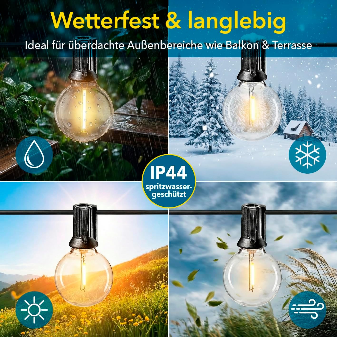 EASYmaxx Outdoor Lichterkette LED Glühlampen | 15-m-Lichterkette + 20 robuste LED-Glühlampen | 3 Leuchtmodi - Dauerleuchten, sanftes Pulsieren und Blinklicht | wetterfest und langlebig | Timerfunktion — Ansicht 6