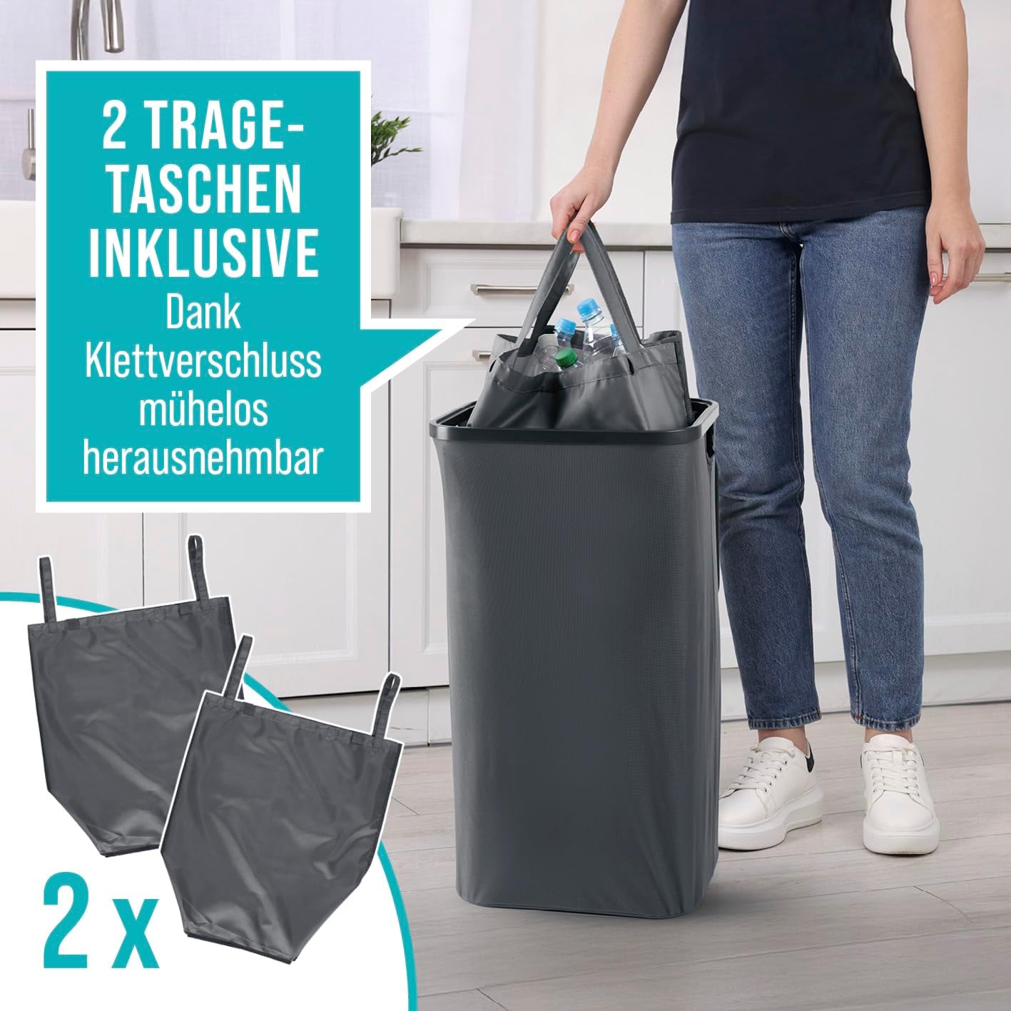 EASYmaxx Pfandflaschen Sammelbehälter 100 L mit 2 herausnehmbaren Tragetaschen | Flaschen Aufbewahrung für Altglas & Leergut | Behälter für Leergut | Flaschensammler für Küche & Abstellraum — Ansicht 6