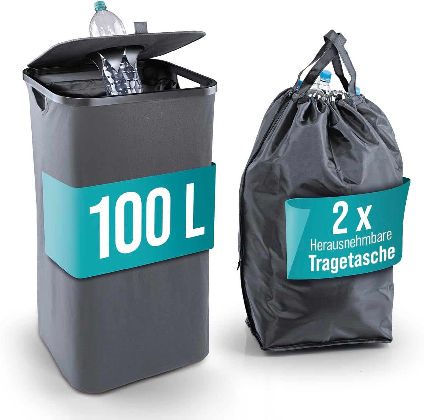 EASYmaxx Pfandflaschen Sammelbehälter 100 L mit 2 herausnehmbaren Tragetaschen | Flaschen Aufbewahrung für Altglas & Leergut | Behälter für Leergut | Flaschensammler für Küche & Abstellraum