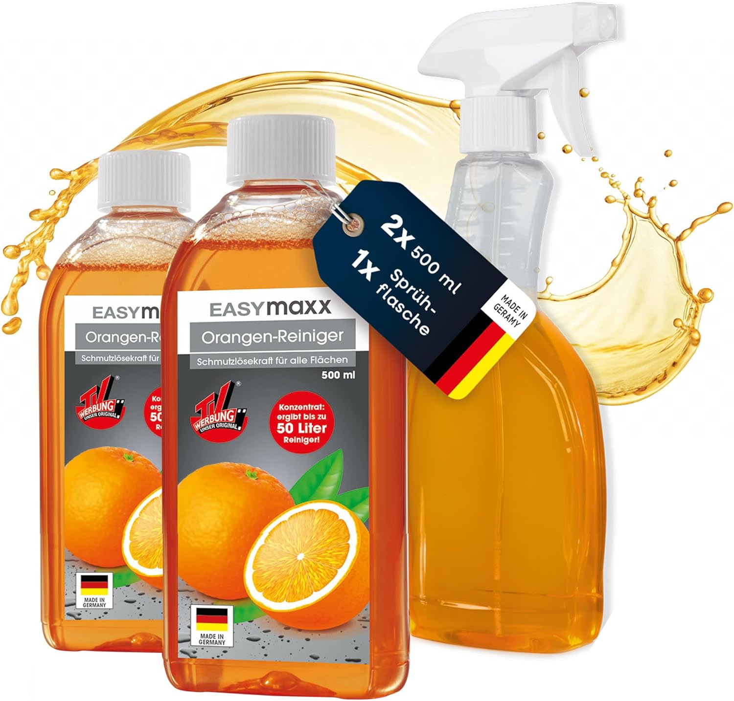 EASYmaxx Reinigungs-Konzentrat Orange 2x500ml Set mit Sprühflasche | Ergibt 100 Liter Allzweckreiniger | Mühelose Reinigung von allen Flächen | Ideal für Kochfelder, Grillroste, Backöfen u.v.m.