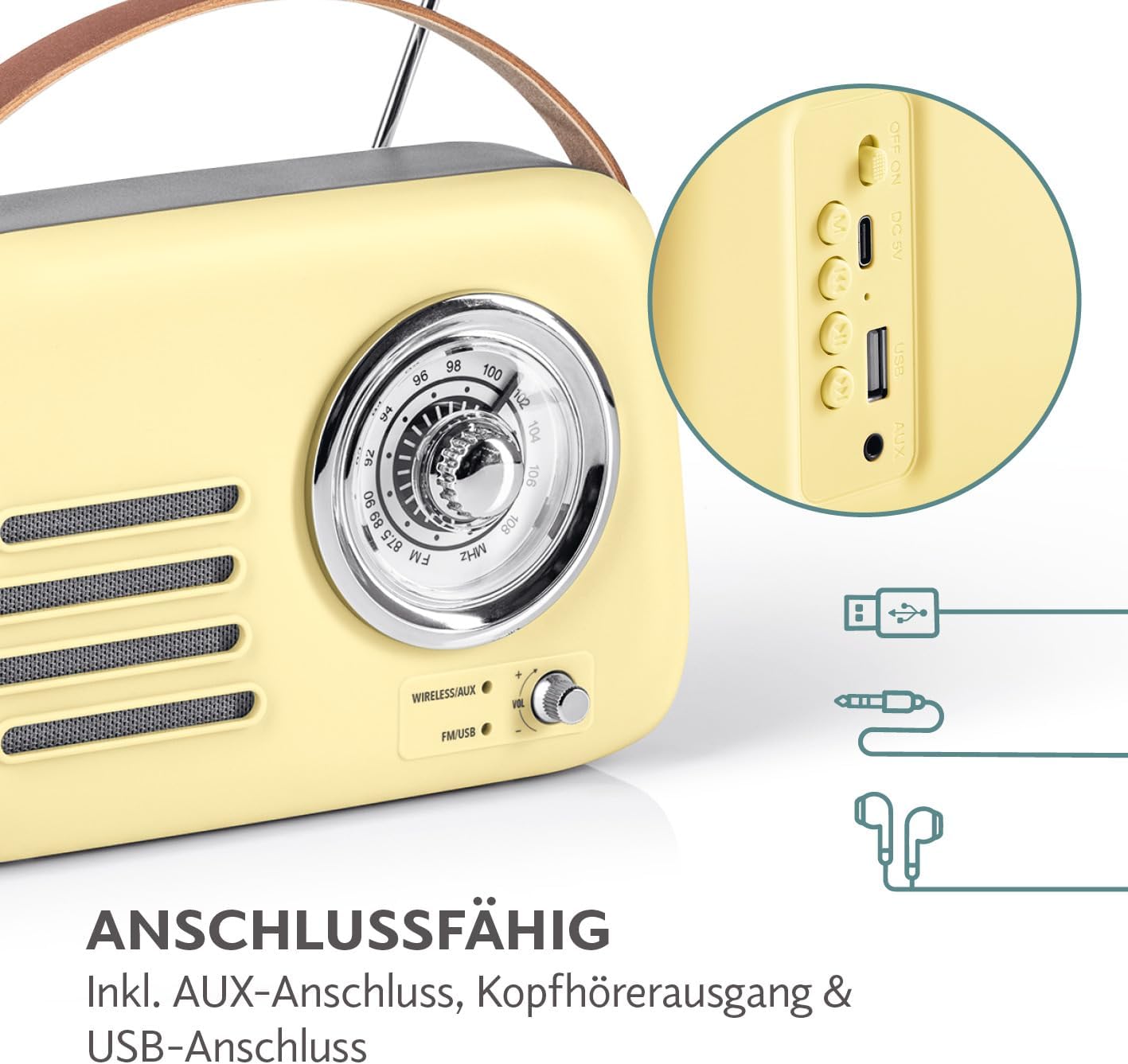EASYmaxx Retro-Radio & Lautsprecher | Bluetooth Speaker für unterwegs und zu Hause | Elegantes & kabelloses Vintage-Design kombiniert mit moderner Akustik | Per USB-C aufladbar [Vanille] — Ansicht 3