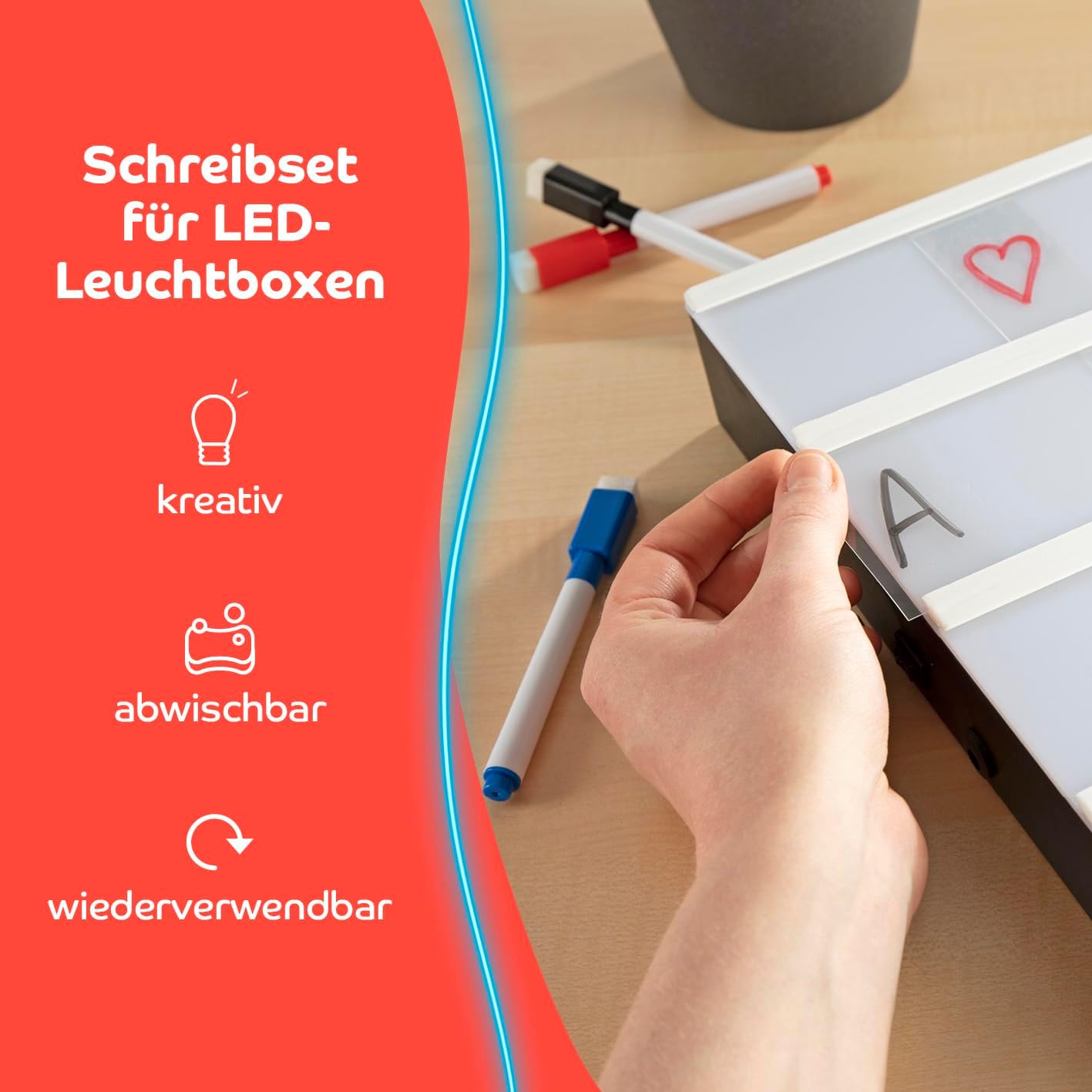 EASYmaxx Schreib-Set für Leuchtkasten A4 / A3 Format | Inkl. 3 Stifte & 24 blanko Karten | Für individuelle Textbotschaften in schwarz/blau/rot — Ansicht 4