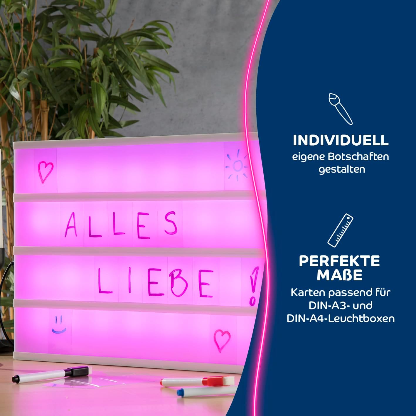 EASYmaxx Schreib-Set für Leuchtkasten A4 / A3 Format | Inkl. 3 Stifte & 24 blanko Karten | Für individuelle Textbotschaften in schwarz/blau/rot — Ansicht 5