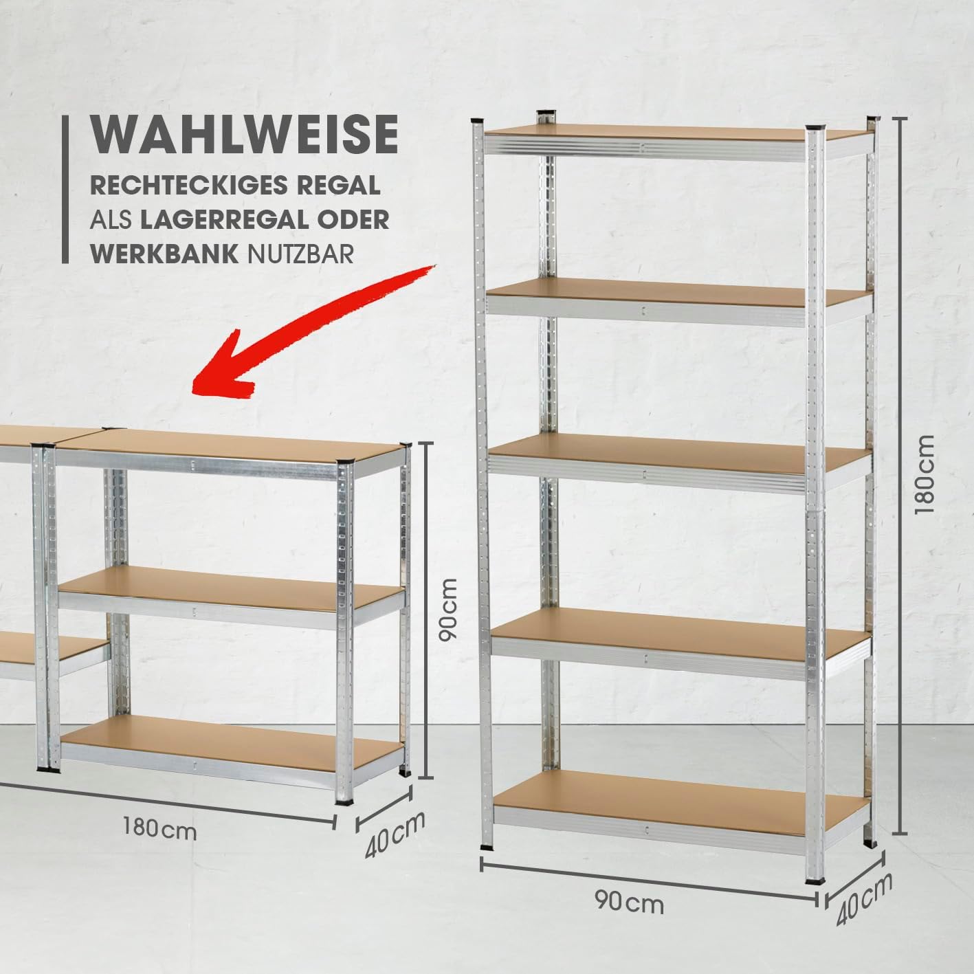 EASYmaxx Schwerlastregal 2er-Set 180x90x40 cm | 1750 kg Traglast, 175 kg pro Ebene | Regal und Werkbank | Kellerregal, Lagerregal mit 10 verstellbaren Ablagen | Keller, Garage, Hobbyraum, Werkstatt — Ansicht 2
