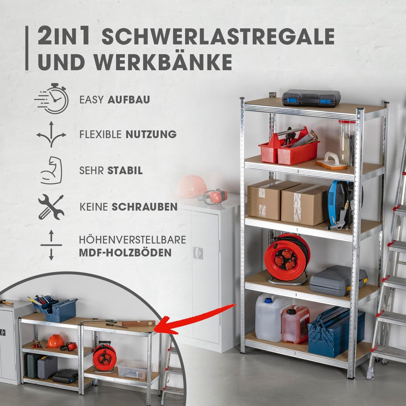 EASYmaxx Schwerlastregal 2er-Set 180x90x40 cm | 1750 kg Traglast, 175 kg pro Ebene | Regal und Werkbank | Kellerregal, Lagerregal mit 10 verstellbaren Ablagen | Keller, Garage, Hobbyraum, Werkstatt — Ansicht 3
