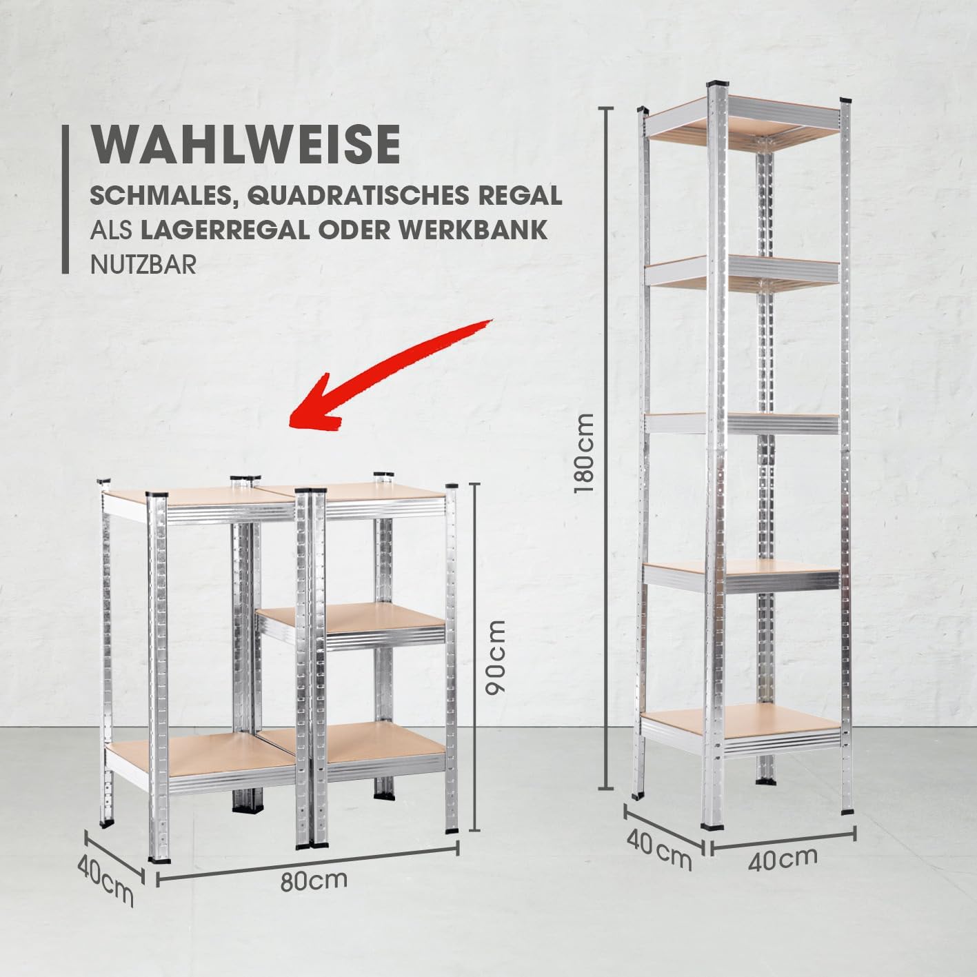 EASYmaxx Schwerlastregal 40x40x180 cm | 875 kg Traglast, 175 kg pro Ebene | Regal und Werkbank | Kellerregal, Lagerregal mit 5 verstellbaren Ablagen | Für Keller, Garage, Hobbyraum, Werkstatt — Ansicht 2