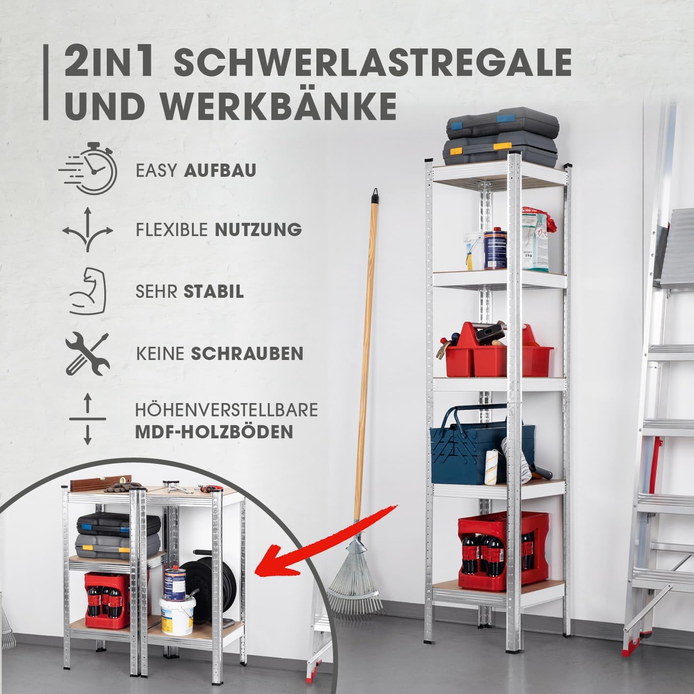 EASYmaxx Schwerlastregal 40x40x180 cm | 875 kg Traglast, 175 kg pro Ebene | Regal und Werkbank | Kellerregal, Lagerregal mit 5 verstellbaren Ablagen | Für Keller, Garage, Hobbyraum, Werkstatt — Ansicht 3