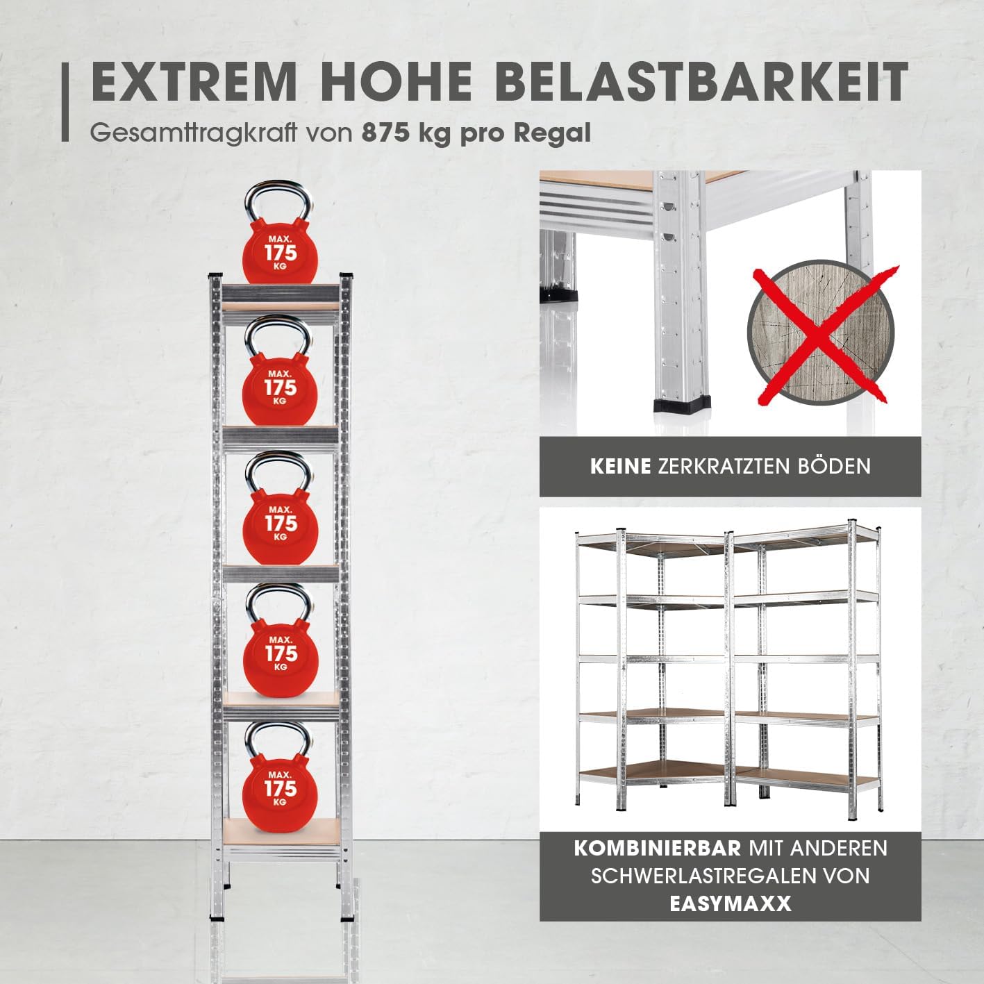 EASYmaxx Schwerlastregal 40x40x180 cm | 875 kg Traglast, 175 kg pro Ebene | Regal und Werkbank | Kellerregal, Lagerregal mit 5 verstellbaren Ablagen | Für Keller, Garage, Hobbyraum, Werkstatt — Ansicht 4