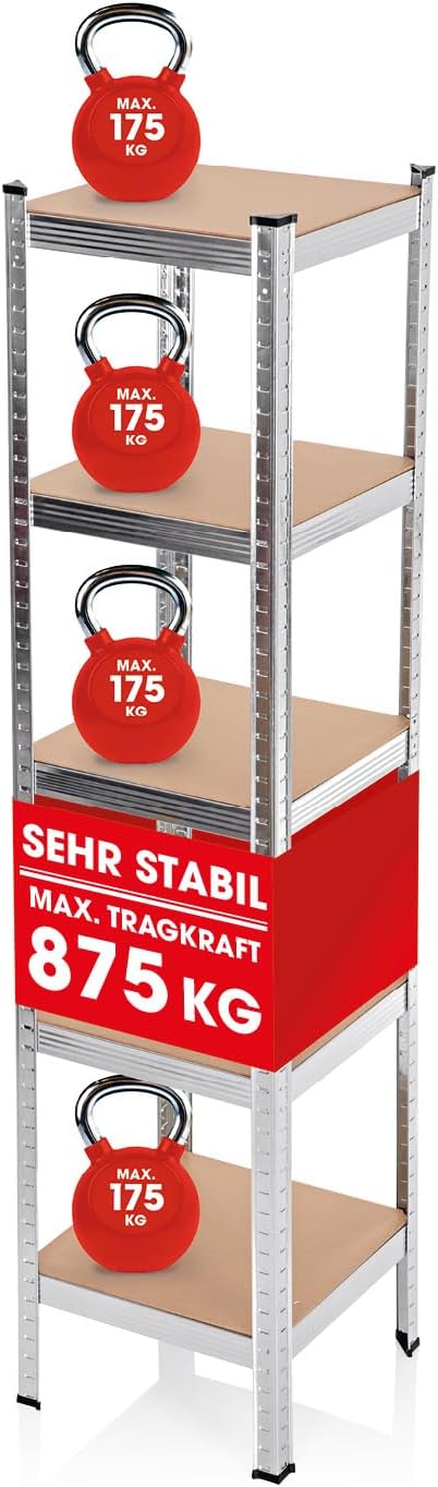 EASYmaxx Schwerlastregal 40x40x180 cm | 875 kg Traglast, 175 kg pro Ebene | Regal und Werkbank | Kellerregal, Lagerregal mit 5 verstellbaren Ablagen | Für Keller, Garage, Hobbyraum, Werkstatt
