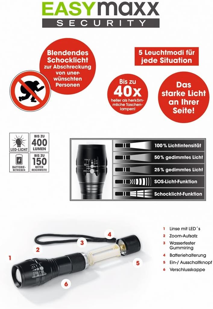 EASYmaxx Security Funktions-Taschenlampe 4,5 V | LED Licht-Reichweite bis zu 150 Meter, Taschenlampe mit 5 Modi, Schocklicht-Funktion für Notfälle | Batterien enthalten [bis zu 400 Lumen] — Ansicht 5