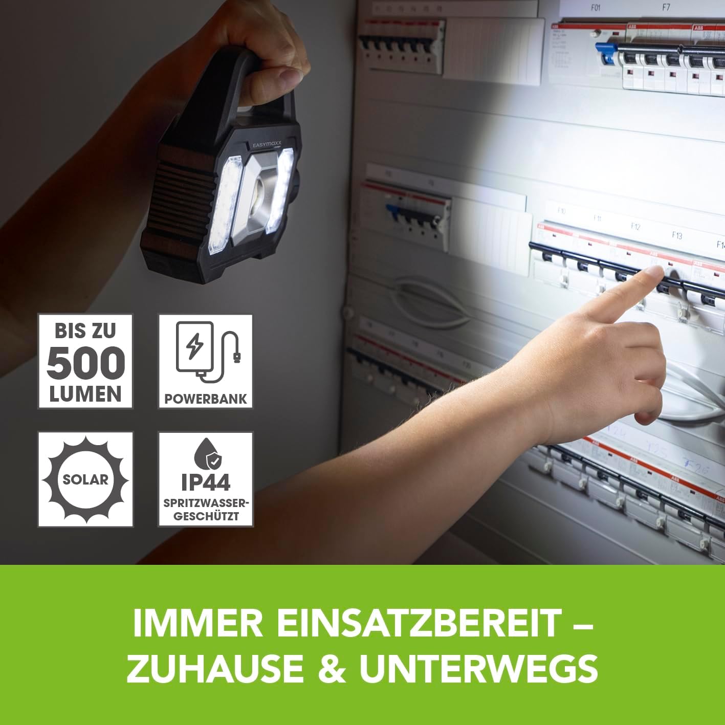 EASYmaxx Solar-Arbeitsleuchte 3 in 1: COB-Strahler, dimmbares COB-Seitenlicht & XPG- Taschenlampe | Aufladen durch Solarpanel oder per USB-Anschluss | Ideal auch zum Campen oder bei Stromausfall — Ansicht 2