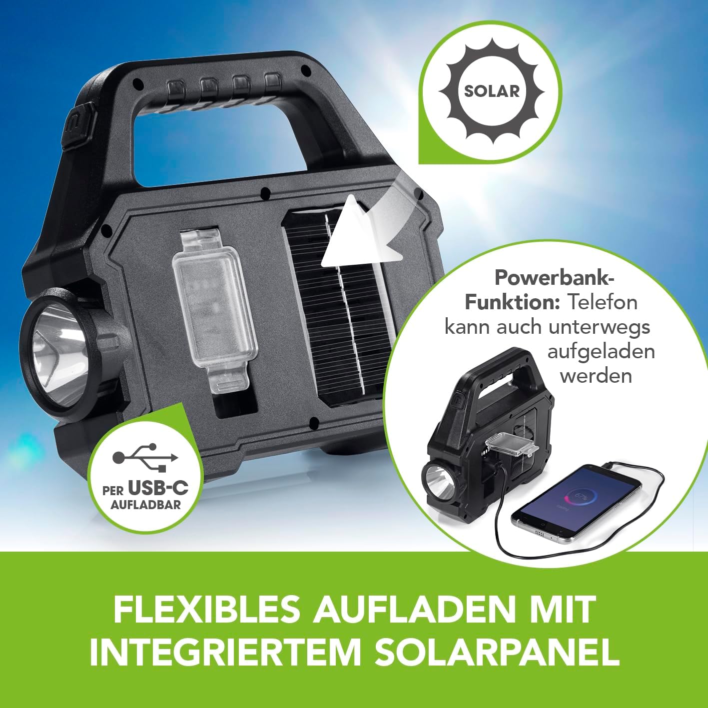 EASYmaxx Solar-Arbeitsleuchte 3 in 1: COB-Strahler, dimmbares COB-Seitenlicht & XPG- Taschenlampe | Aufladen durch Solarpanel oder per USB-Anschluss | Ideal auch zum Campen oder bei Stromausfall — Ansicht 3