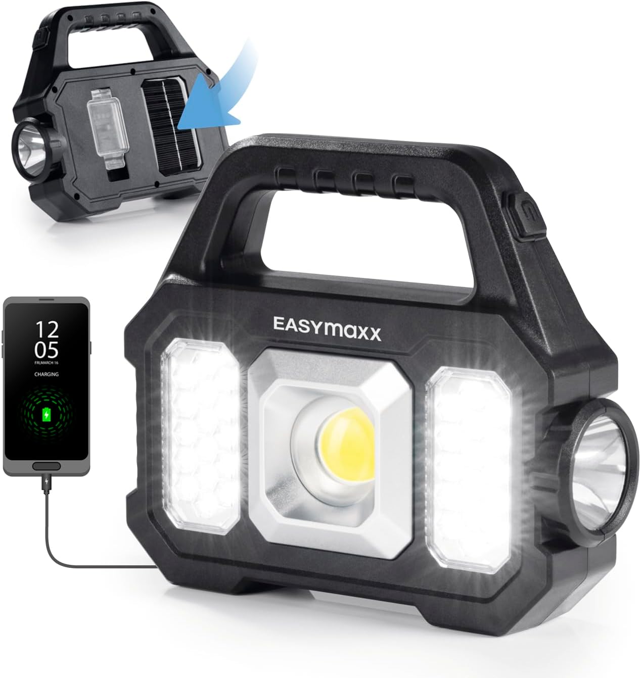 EASYmaxx Solar-Arbeitsleuchte 3 in 1: COB-Strahler, dimmbares COB-Seitenlicht & XPG- Taschenlampe | Aufladen durch Solarpanel oder per USB-Anschluss | Ideal auch zum Campen oder bei Stromausfall