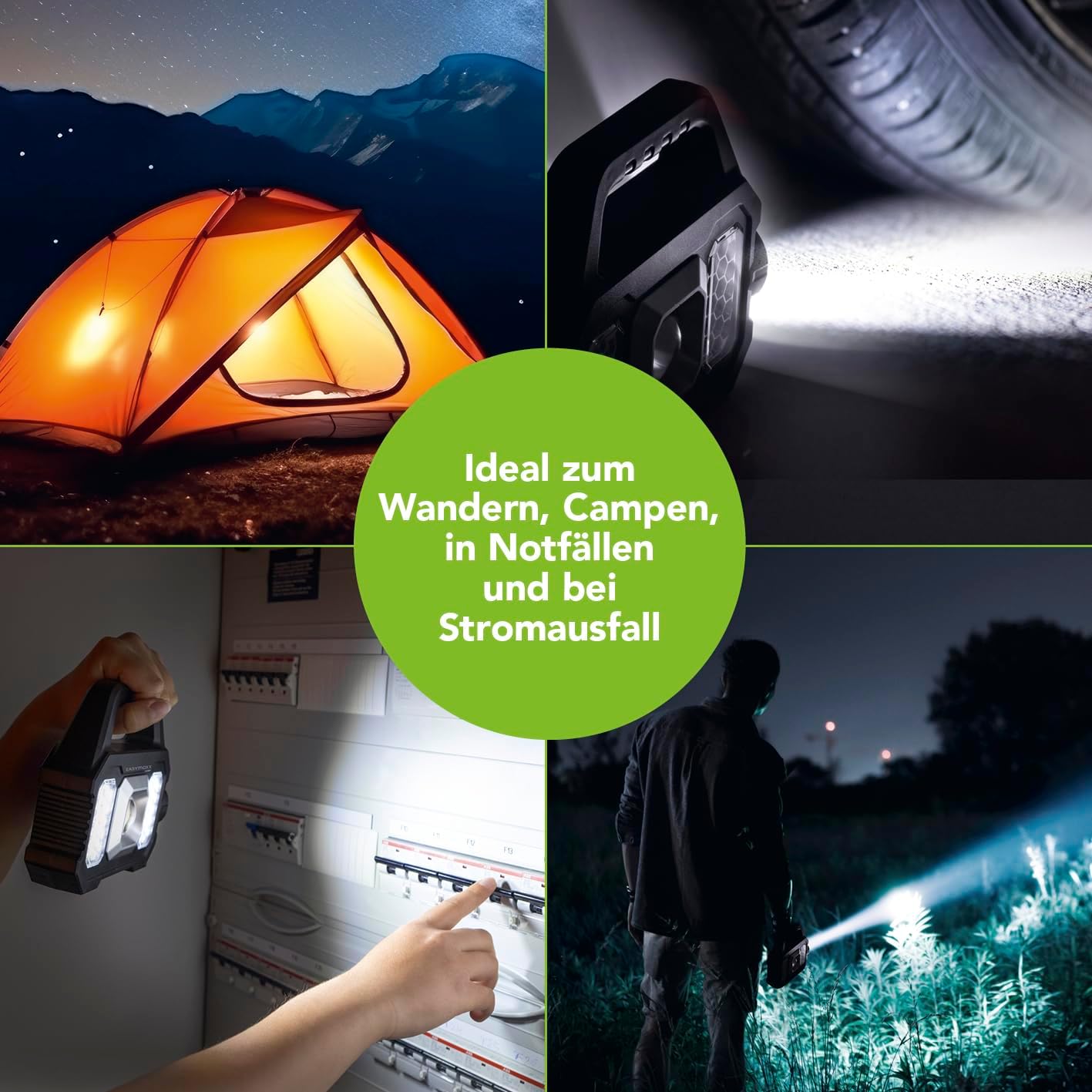 EASYmaxx Solar-Arbeitsleuchte 3 in 1: COB-Strahler, dimmbares COB-Seitenlicht & XPG- Taschenlampe | Aufladen durch Solarpanel oder per USB-Anschluss | Ideal auch zum Campen oder bei Stromausfall — Ansicht 4