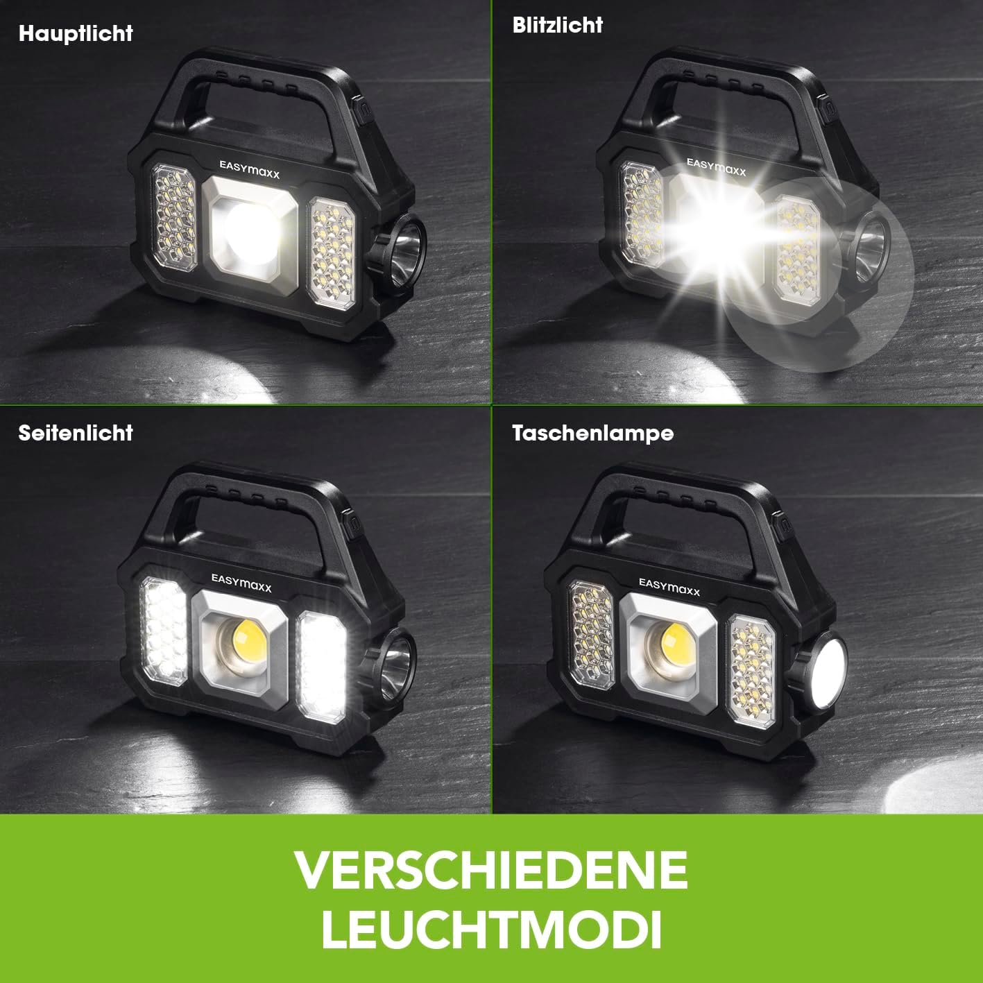 EASYmaxx Solar-Arbeitsleuchte 3 in 1: COB-Strahler, dimmbares COB-Seitenlicht & XPG- Taschenlampe | Aufladen durch Solarpanel oder per USB-Anschluss | Ideal auch zum Campen oder bei Stromausfall — Ansicht 5