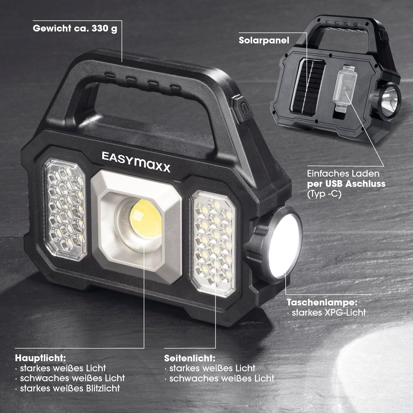 EASYmaxx Solar-Arbeitsleuchte 3 in 1: COB-Strahler, dimmbares COB-Seitenlicht & XPG- Taschenlampe | Aufladen durch Solarpanel oder per USB-Anschluss | Ideal auch zum Campen oder bei Stromausfall — Ansicht 6