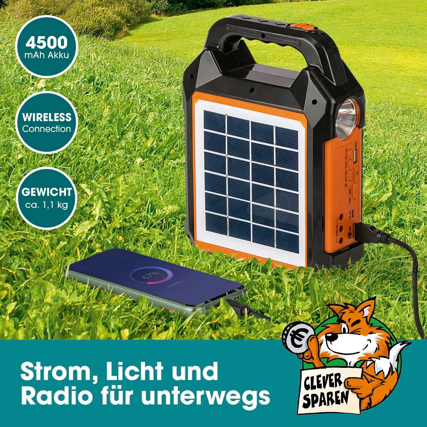 EASYmaxx Solar-Generator Kit 4500mAh | 2 Auflademodi: Solarpanel oder USB | Zum Aufladen von Handy, Powerbank, u.v.m. | Integriertes FM-Radio und Lautsprecher inkl. [Schwarz/Orange] — Ansicht 2