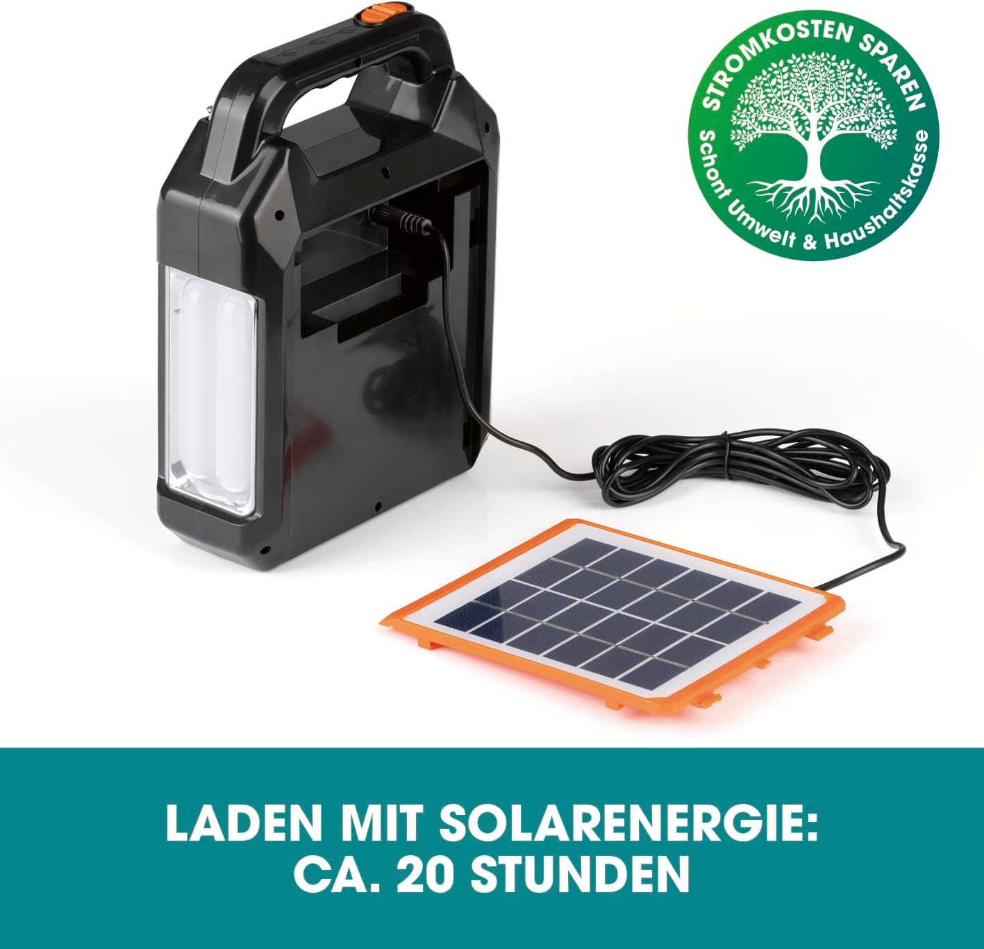 EASYmaxx Solar-Generator Kit 4500mAh | 2 Auflademodi: Solarpanel oder USB | Zum Aufladen von Handy, Powerbank, u.v.m. | Integriertes FM-Radio und Lautsprecher inkl. [Schwarz/Orange] — Ansicht 3