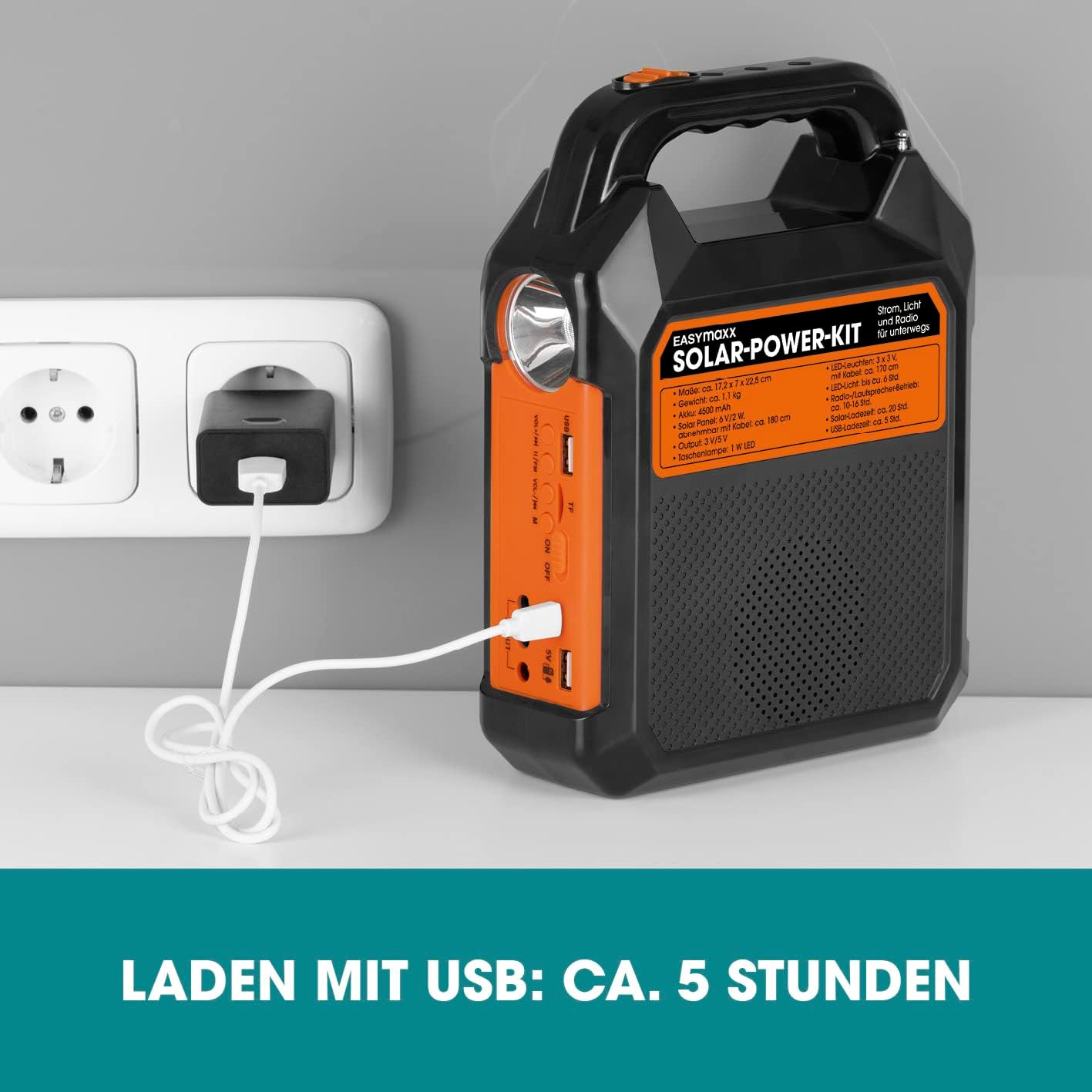 EASYmaxx Solar-Generator Kit 4500mAh | 2 Auflademodi: Solarpanel oder USB | Zum Aufladen von Handy, Powerbank, u.v.m. | Integriertes FM-Radio und Lautsprecher inkl. [Schwarz/Orange] — Ansicht 4