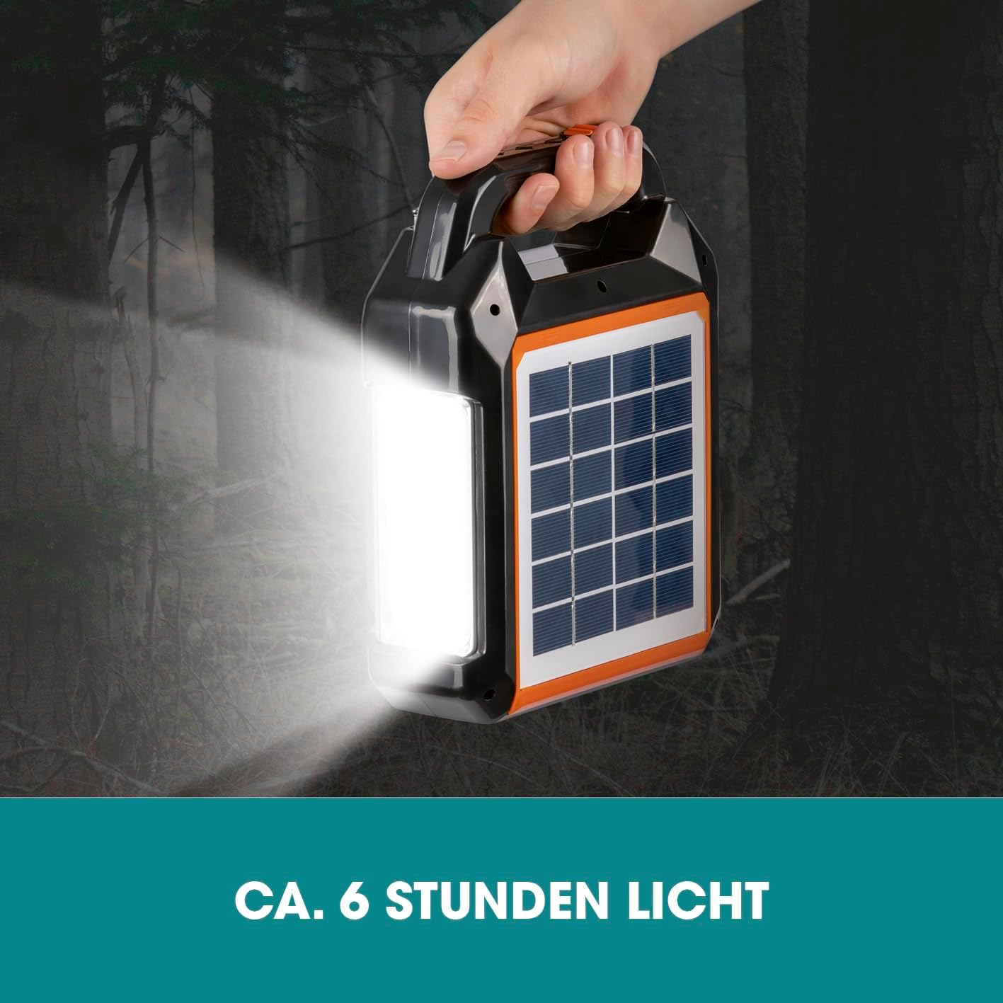 EASYmaxx Solar-Generator Kit 4500mAh | 2 Auflademodi: Solarpanel oder USB | Zum Aufladen von Handy, Powerbank, u.v.m. | Integriertes FM-Radio und Lautsprecher inkl. [Schwarz/Orange] — Ansicht 5