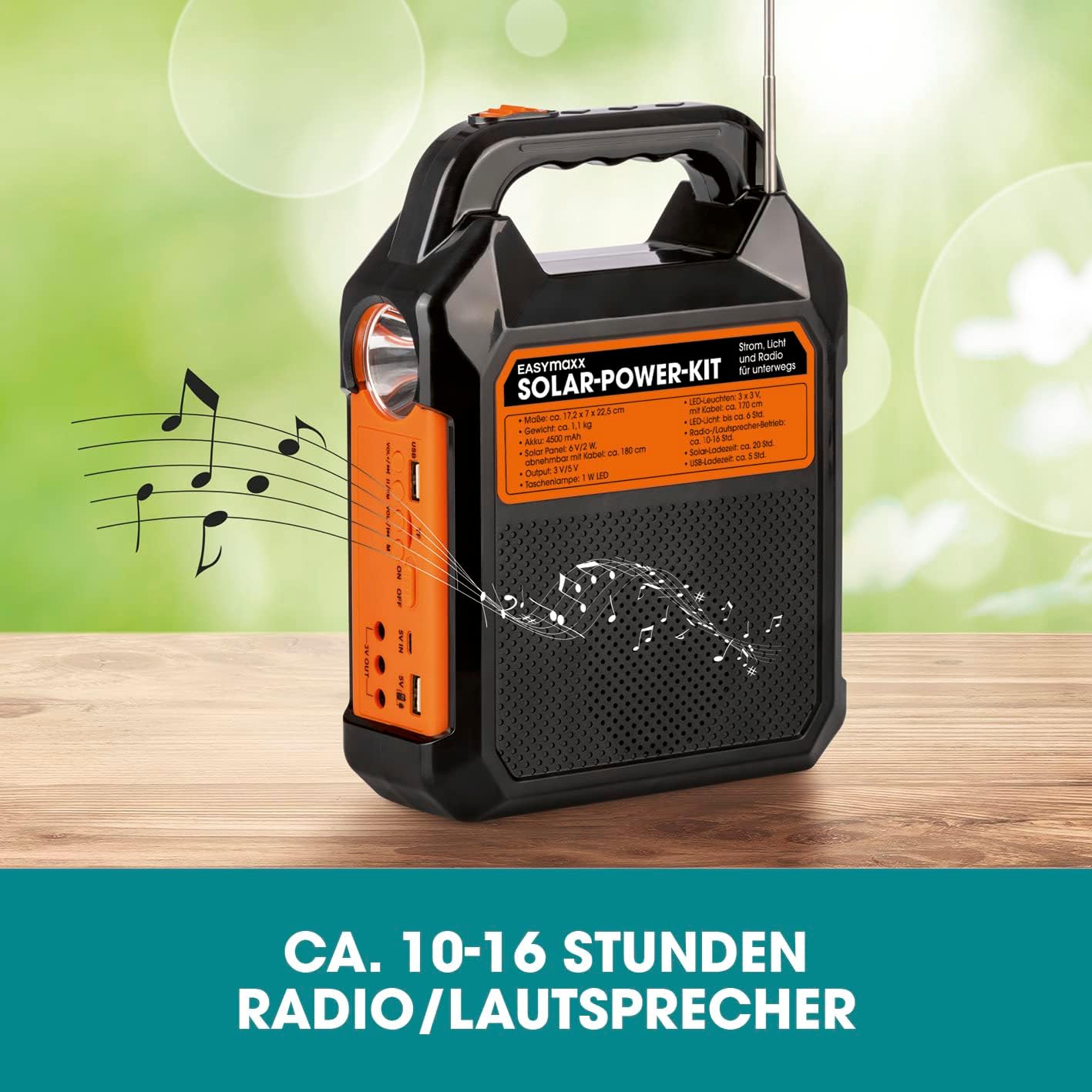 EASYmaxx Solar-Generator Kit 4500mAh | 2 Auflademodi: Solarpanel oder USB | Zum Aufladen von Handy, Powerbank, u.v.m. | Integriertes FM-Radio und Lautsprecher inkl. [Schwarz/Orange] — Ansicht 6