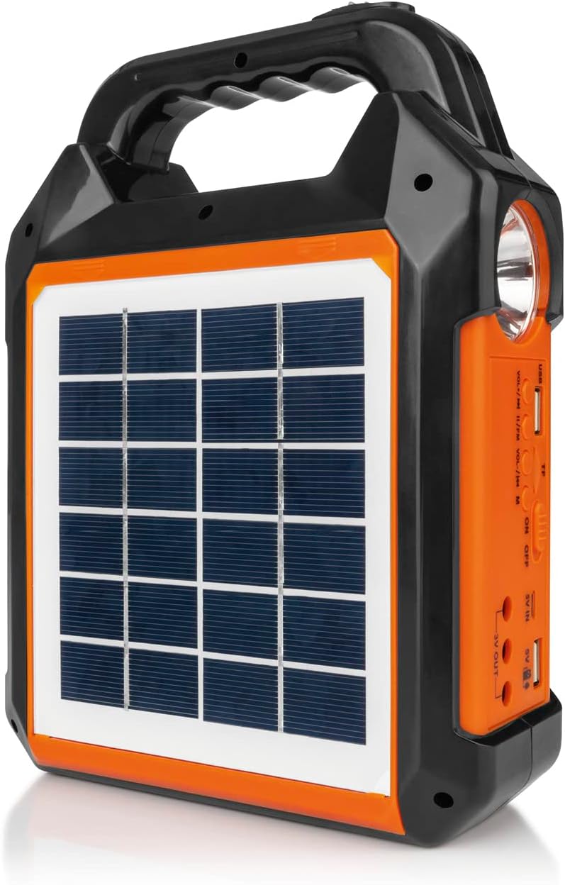 EASYmaxx Solar-Generator Kit 4500mAh | 2 Auflademodi: Solarpanel oder USB | Zum Aufladen von Handy, Powerbank, u.v.m. | Integriertes FM-Radio und Lautsprecher inkl. [Schwarz/Orange]