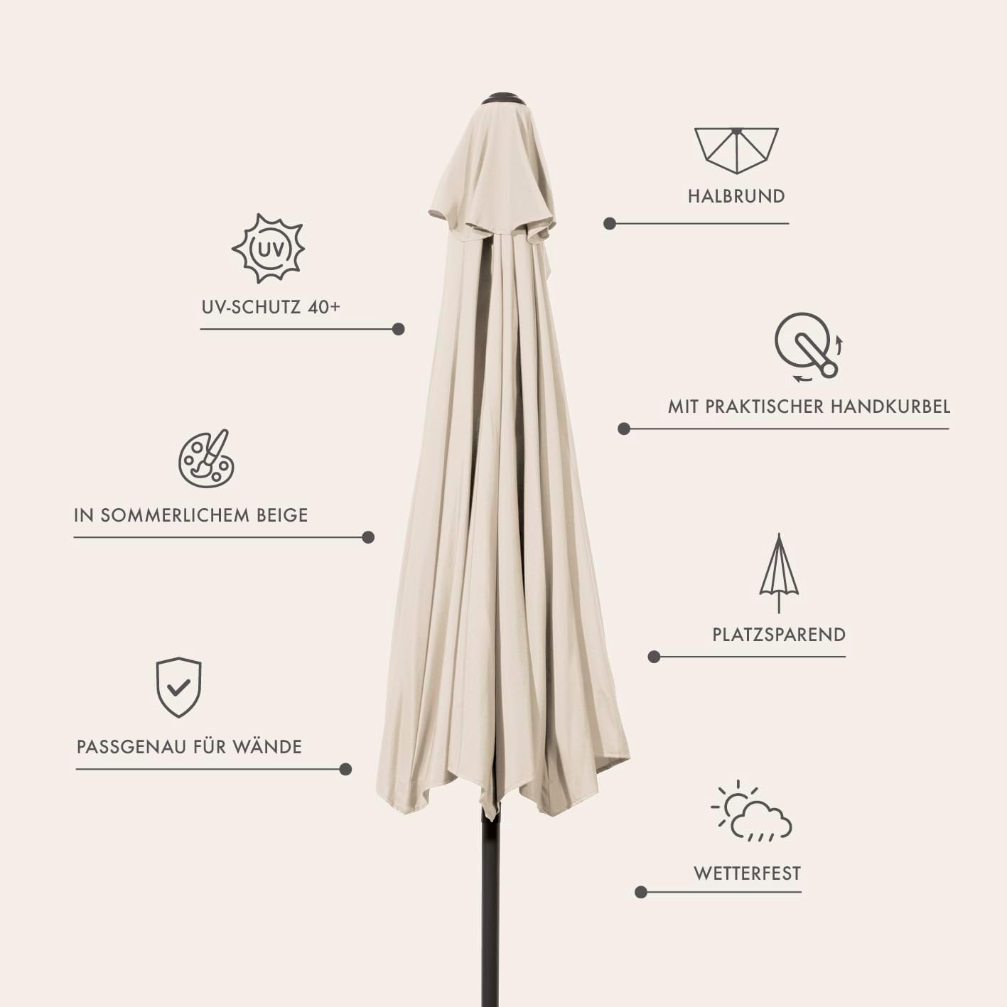 EASYmaxx Sonnenschirm halbrund | 270 x 140 x 235 cm | für Balkon und Terrasse | passgenau für Wände | mit praktischer Handkurbel und Sonnenschutz UV-Schutz 40+ | spendet Schatten — Ansicht 2