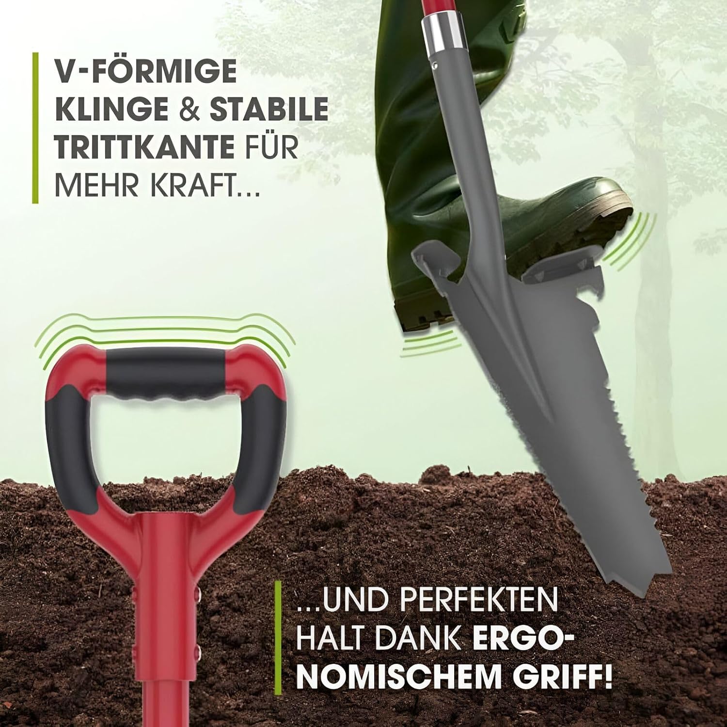 EASYmaxx Spatensäge mit Wurzelsäge | Spaten- & Wurzelsäge grau rot - kraftsparend und ergonomisch geformt | Spatensäge 114cm inklusive Trittkante für die Füße | Gärtner Spaten mit V-förmiger Klinge | EASYmaxx, Wurzeln, Gartenarbeit, kraftsparend, Stahl, ergonomisch, Grabewerkzeug, robust, Spatensäge, Trittkante, V-Klinge — Ansicht 2