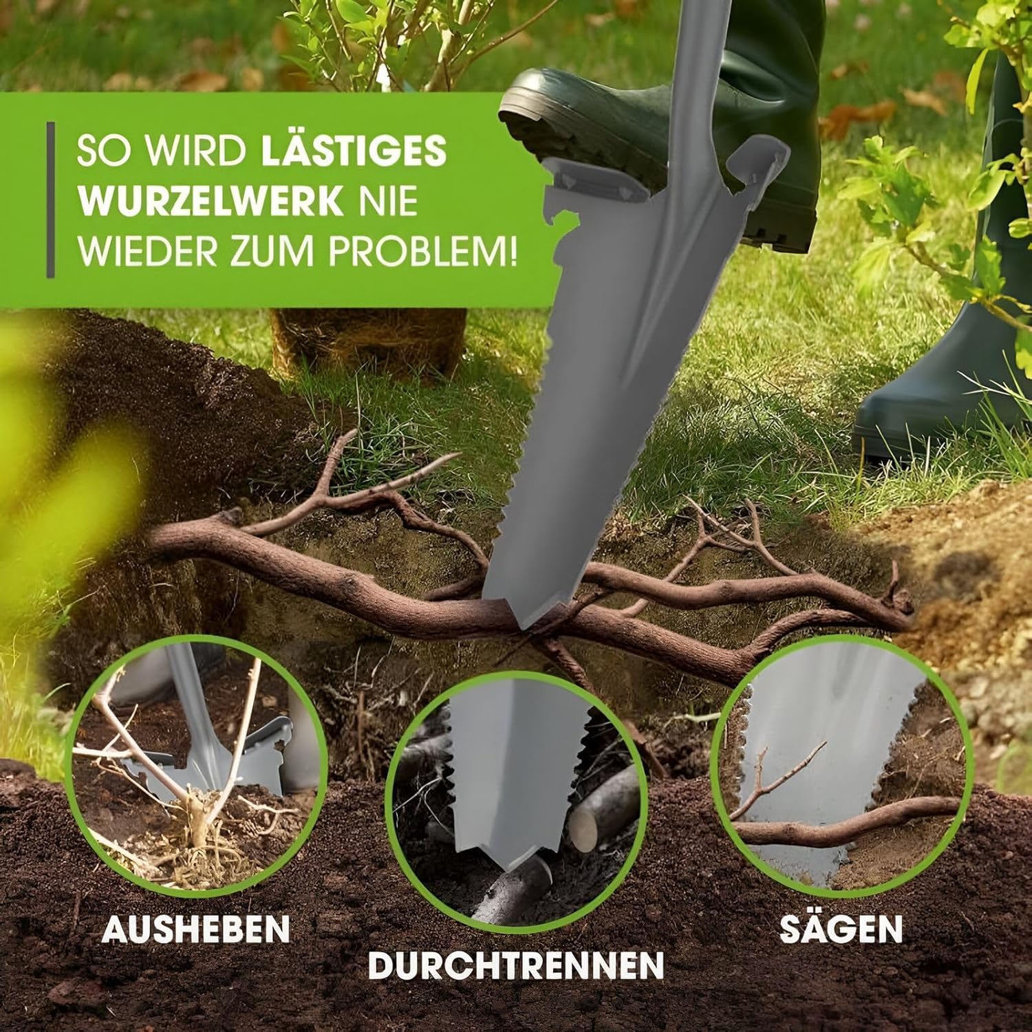 EASYmaxx Spatensäge mit Wurzelsäge | Spaten- & Wurzelsäge grau rot - kraftsparend und ergonomisch geformt | Spatensäge 114cm inklusive Trittkante für die Füße | Gärtner Spaten mit V-förmiger Klinge | EASYmaxx, Wurzeln, Gartenarbeit, kraftsparend, Stahl, ergonomisch, Grabewerkzeug, robust, Spatensäge, Trittkante, V-Klinge — Ansicht 5