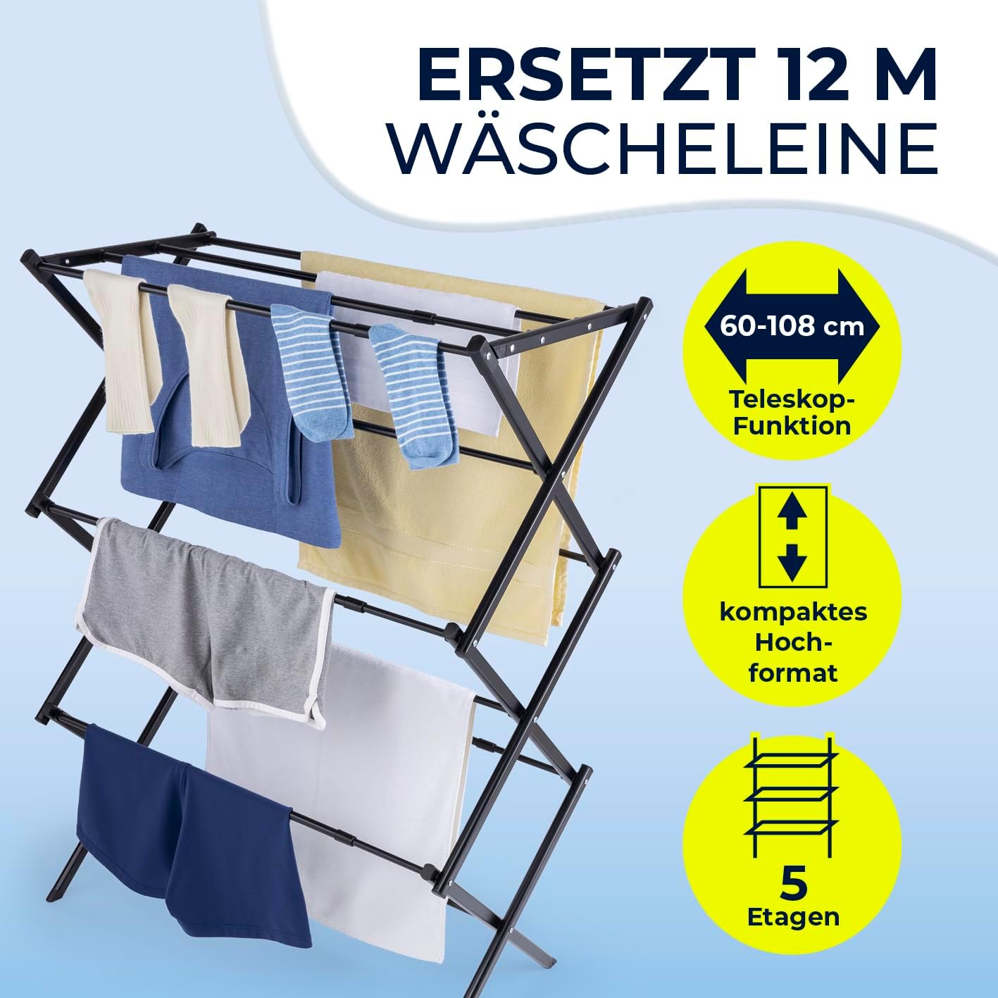 EASYmaxx Teleskop Wäscheständer 1200 | Kleiderständer 12 m Trockenlänge | Waschtrockner ausziehbar auf ca. 108 cm Breite | Wäschespinne für Hemden, Hosen, Handtücher und Co. | Wäschetrockner stromlos — Ansicht 2