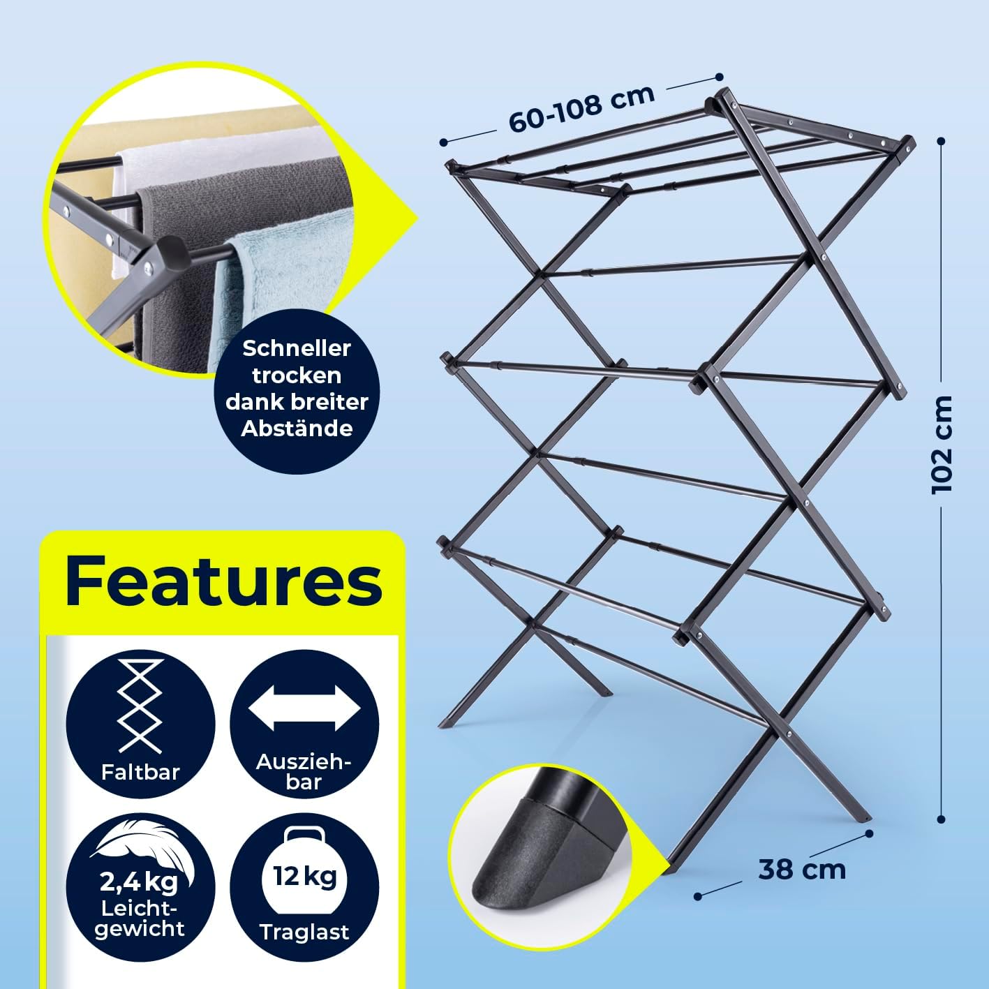 EASYmaxx Teleskop Wäscheständer 1200 | Kleiderständer 12 m Trockenlänge | Waschtrockner ausziehbar auf ca. 108 cm Breite | Wäschespinne für Hemden, Hosen, Handtücher und Co. | Wäschetrockner stromlos — Ansicht 5